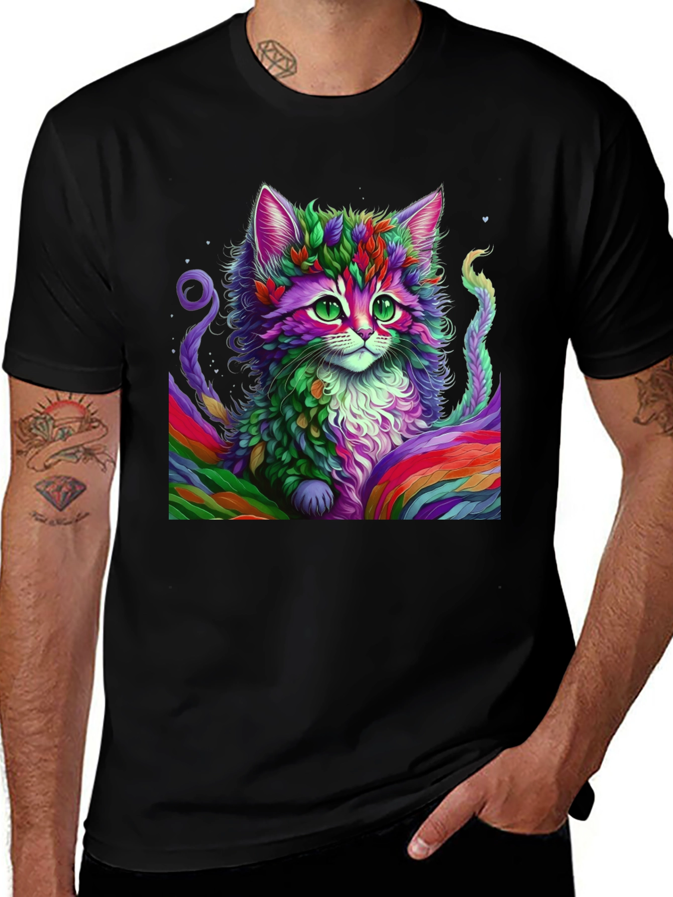 Variant 6 of Rainbow Cat Graphic Tee - Black Cotton T-Shirt
