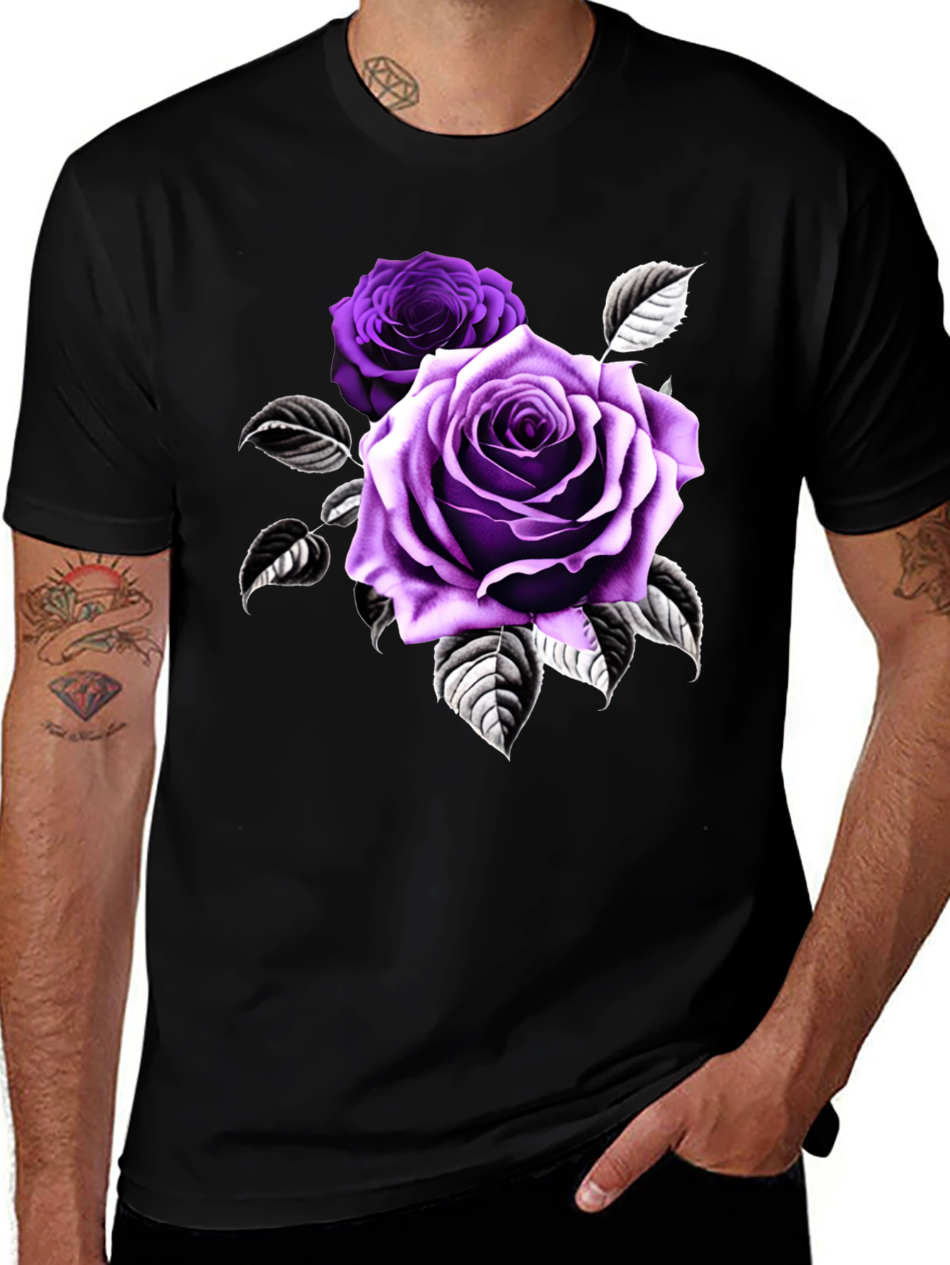 Variant 10 of Rose Graphic T-Shirt - Black Cotton Blend