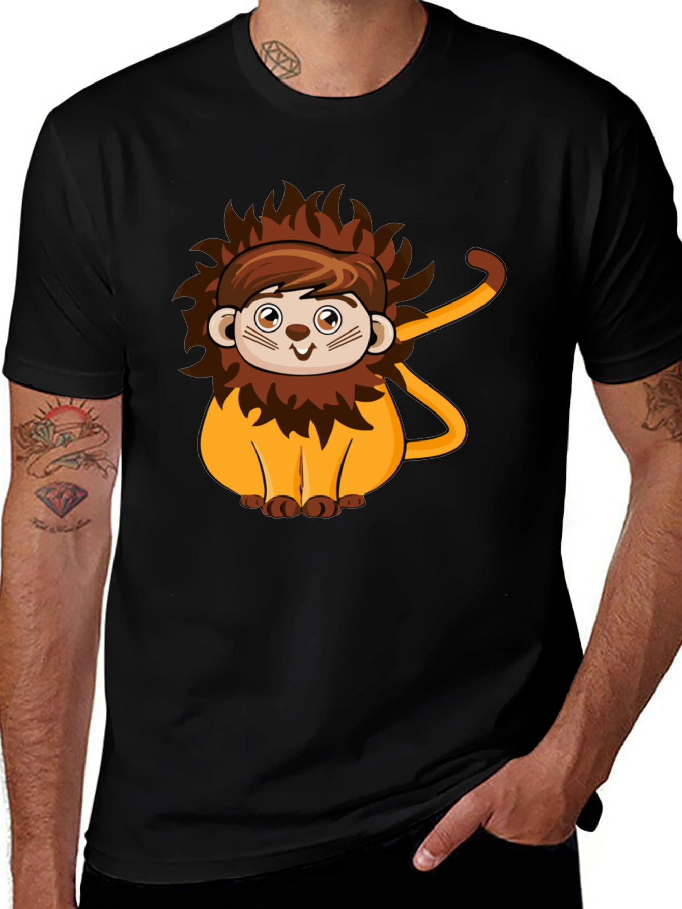 Black Cute Lion Cartoon Black T-Shirt main image