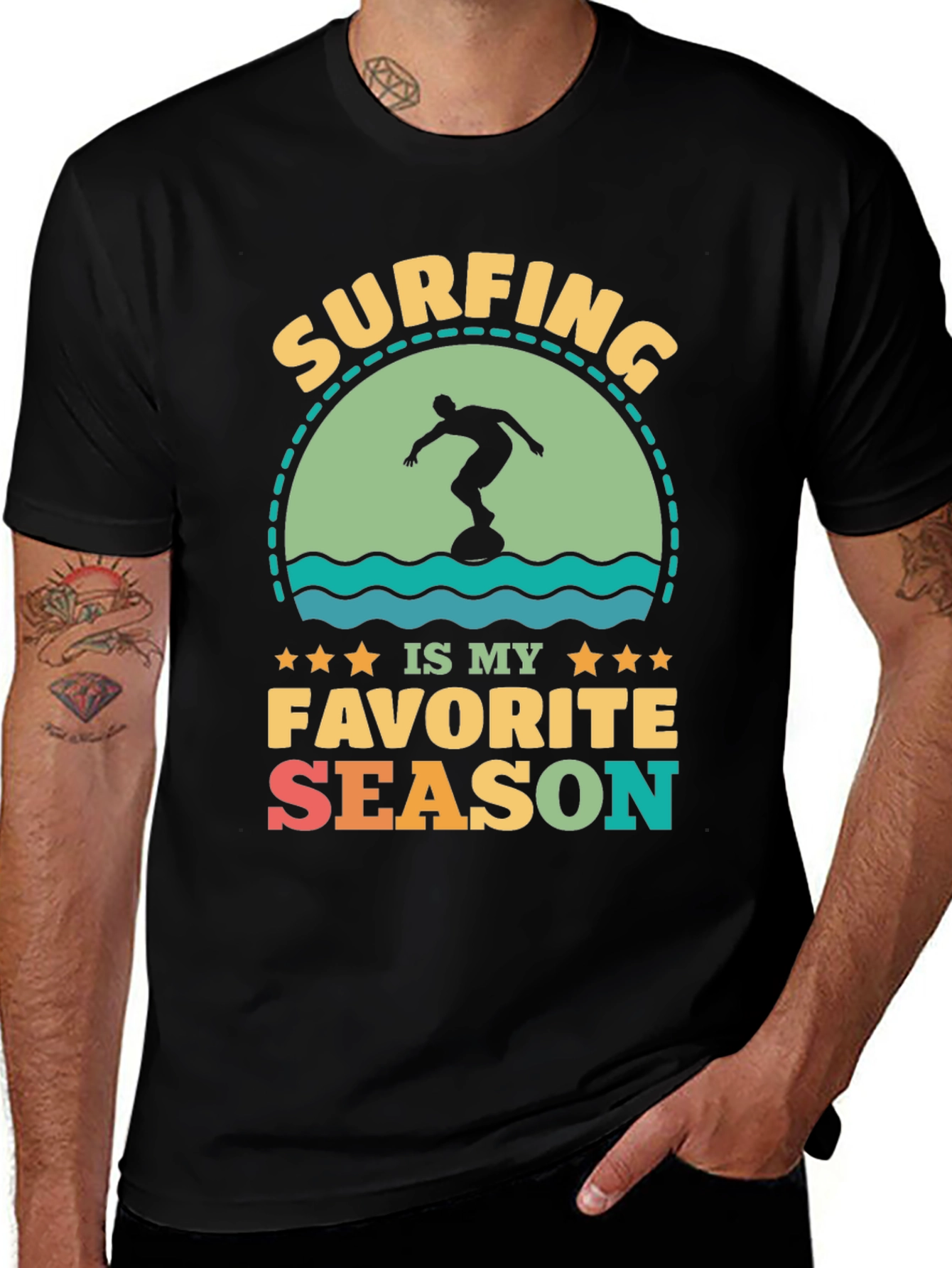 Surfing Is My Favorite Season Black Graphic Tee