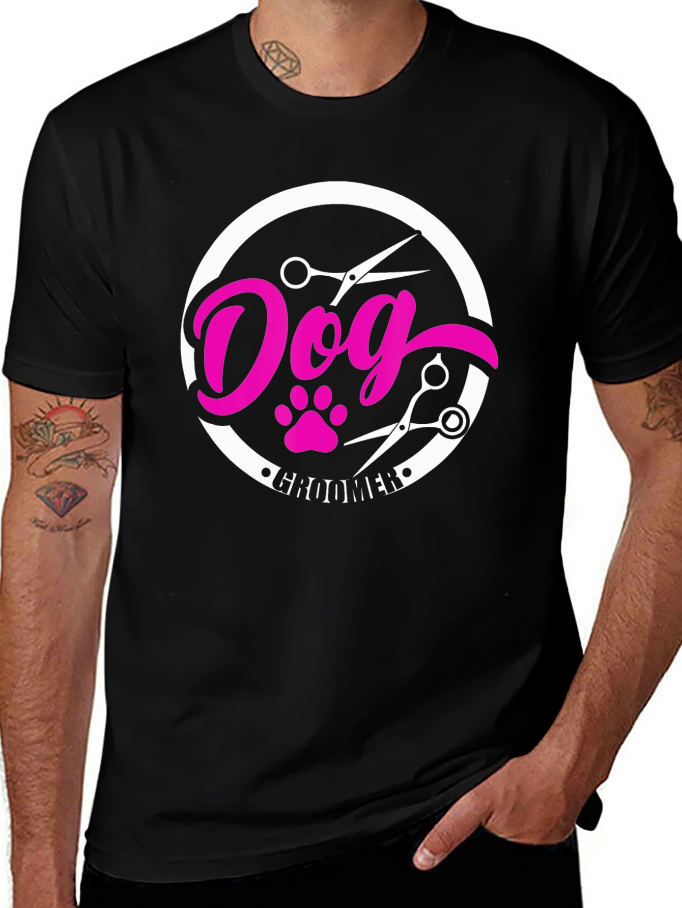 Variant 21 of Dog Groomer T-Shirt - Pink Dog Paw & Scissors Design