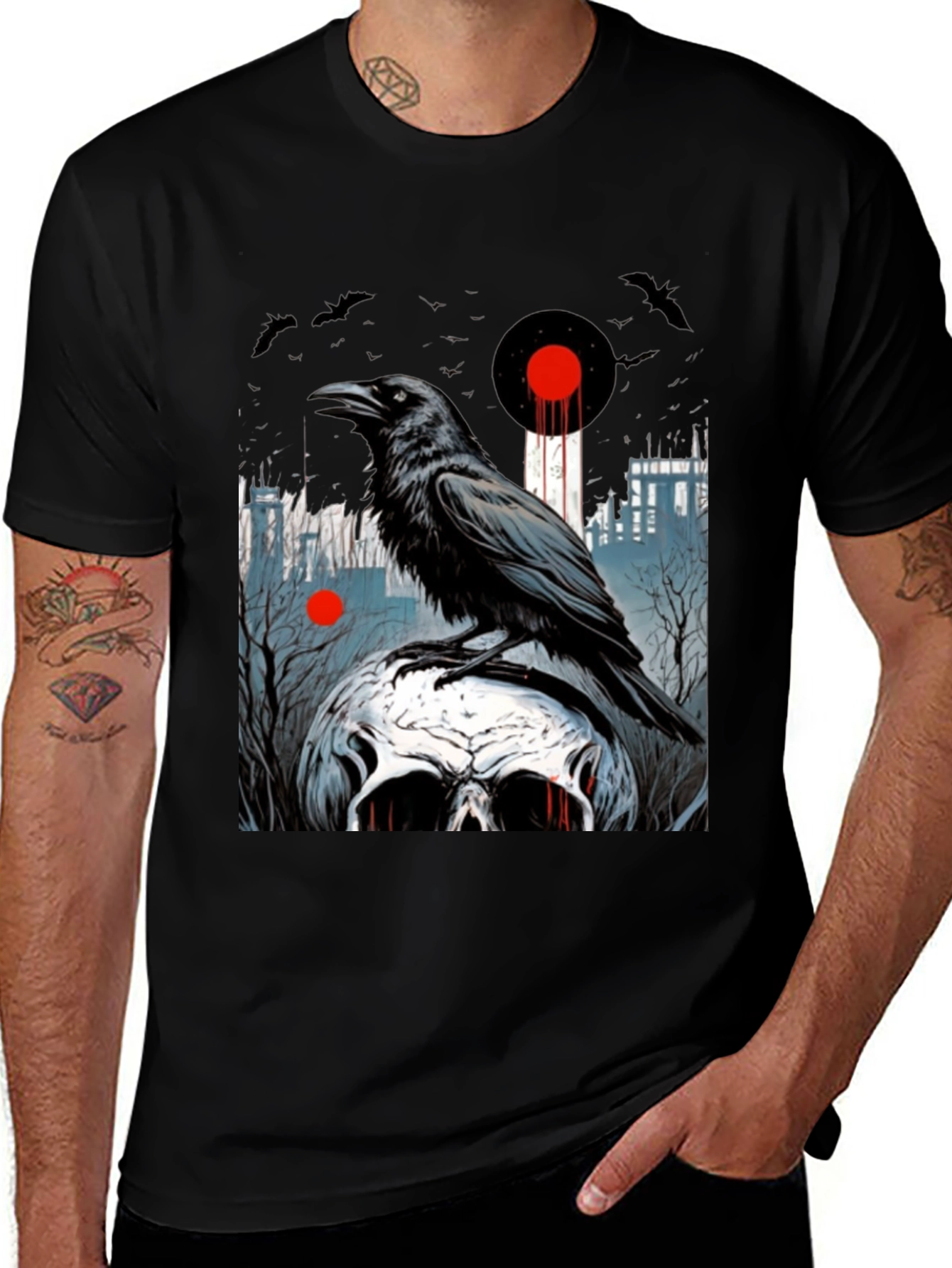 Black Raven Skull Graphic Tee - Dark Gothic Style main image