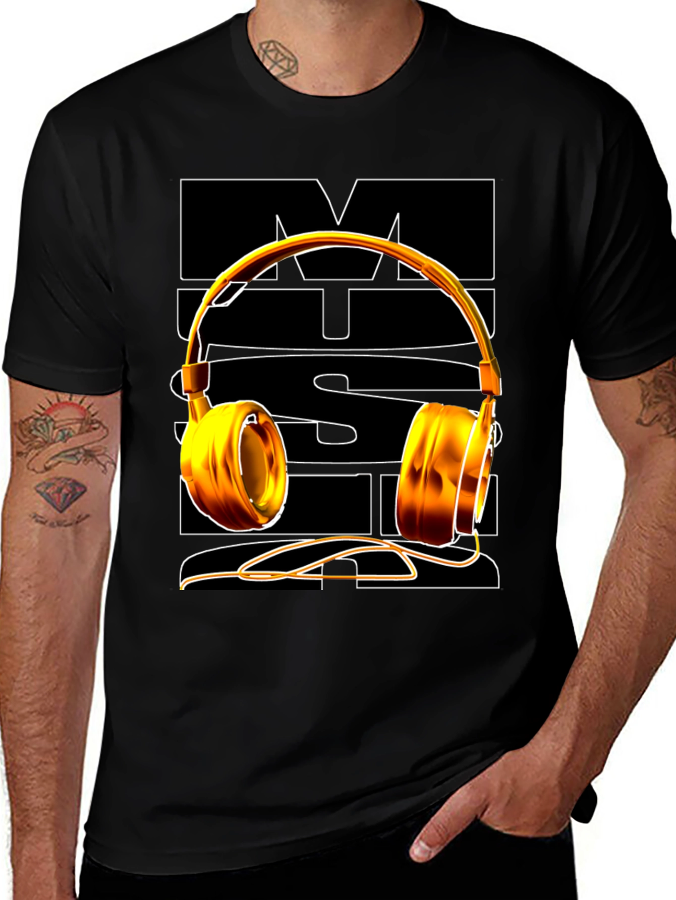 Variant 19 of Music Lover Graphic Tee - Golden Headphones Design