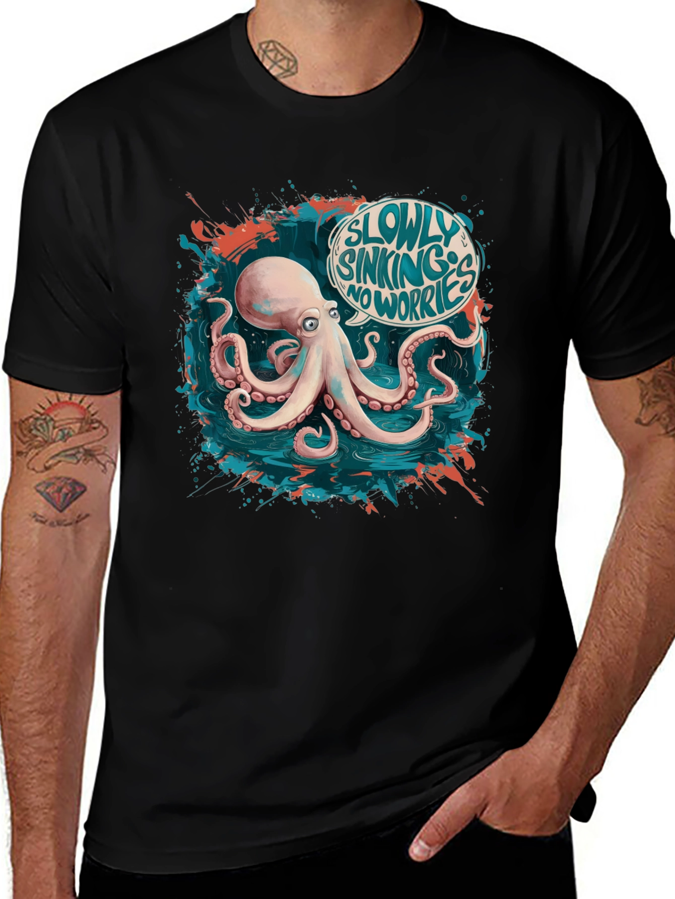 Variant 6 of Octopus "Slowly Sinking No Worries" Black T-Shirt