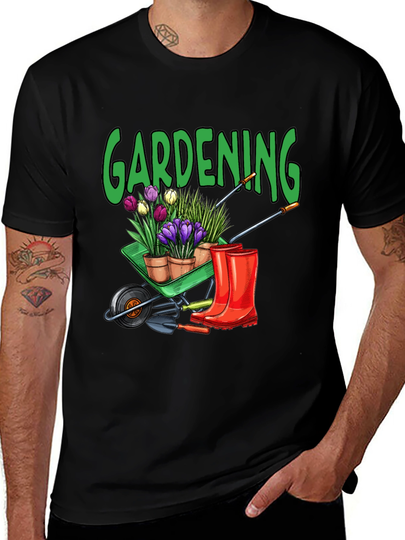 Variant 4 of Gardening T-Shirt - Wheelbarrow, Plants, & Boots Design