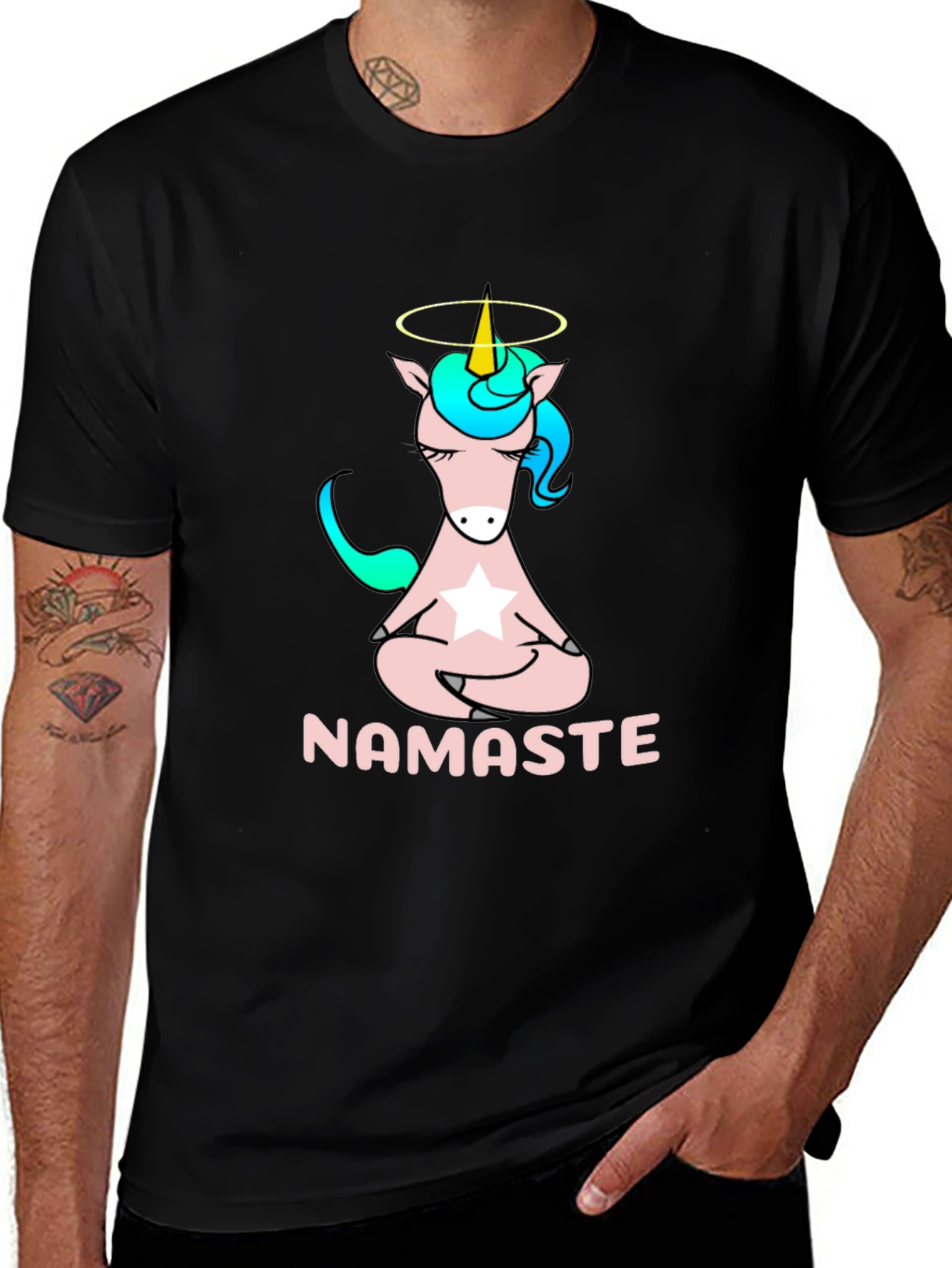 Variant 25 of Namaste Unicorn Graphic Tee - Men's Black T-Shirt