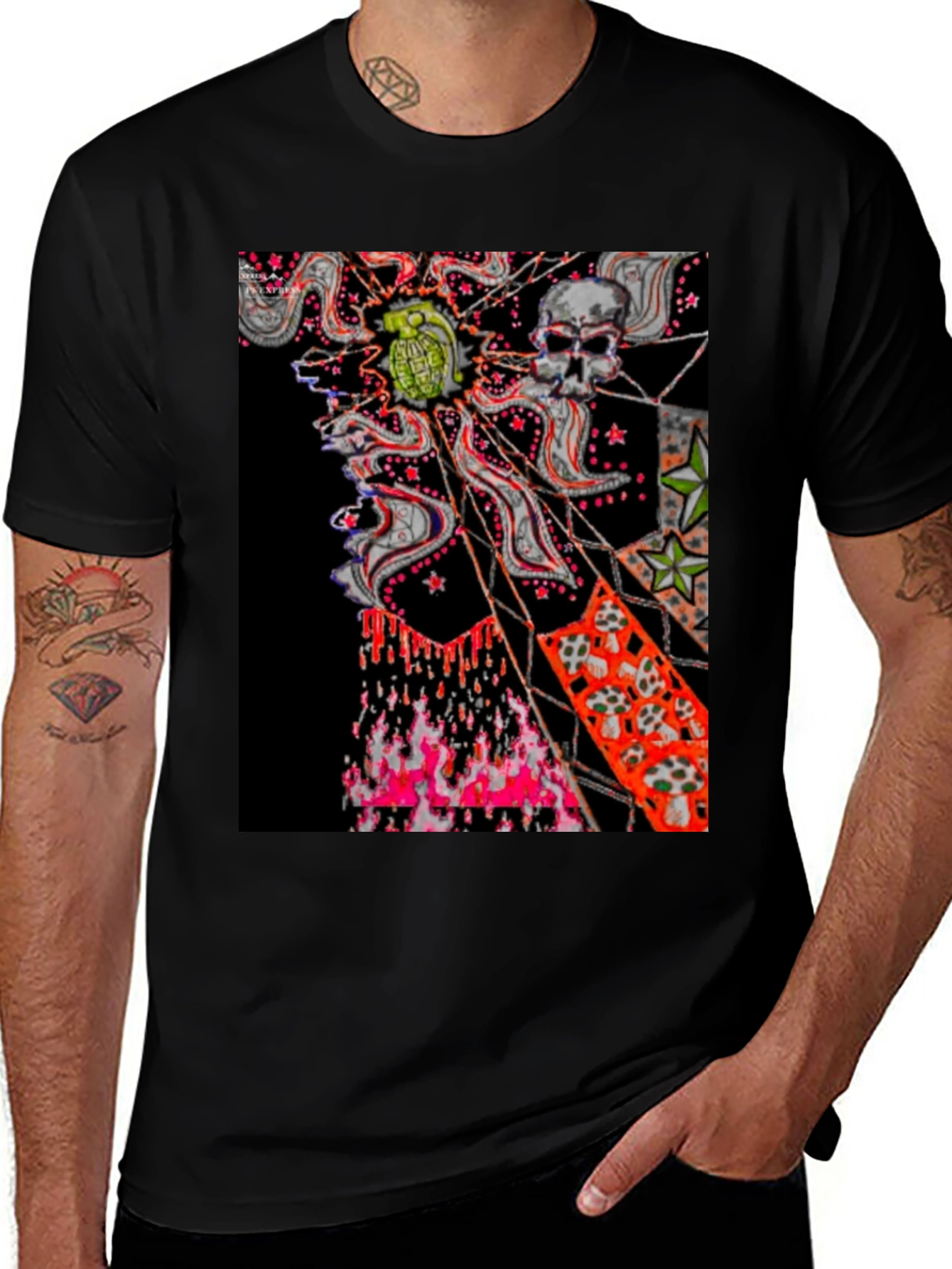 Variant 17 of Edgy Graphic Tee: Skull & Grenade Print Black T-Shirt
