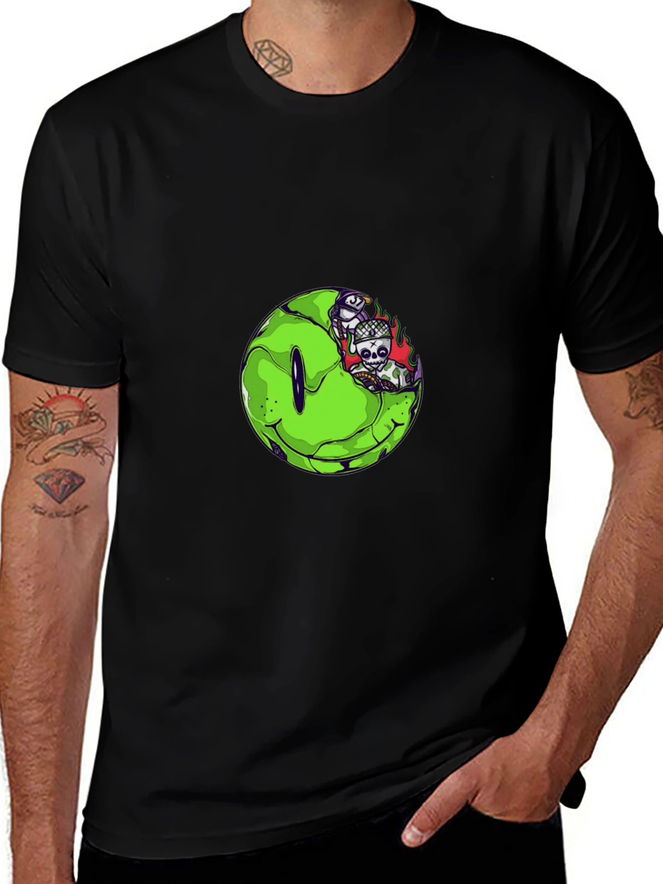 Variant 11 of Black T-Shirt with Green Smiley Face Graphic