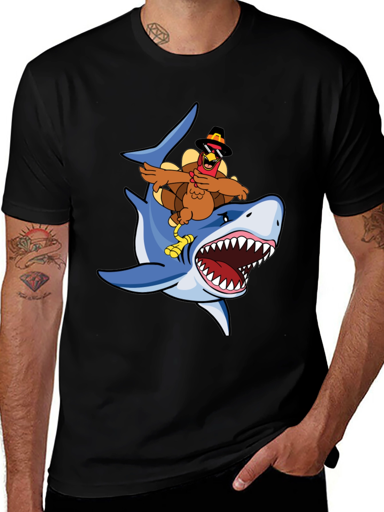 Variant 14 of Turkey Riding Shark Graphic Tee - Black Cotton T-Shirt