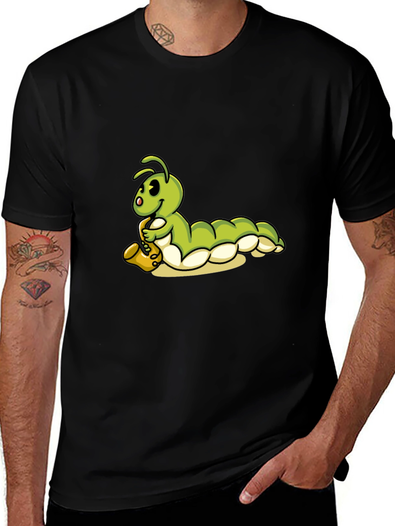 Variant 3 of Caterpillar Saxophone Black T-Shirt