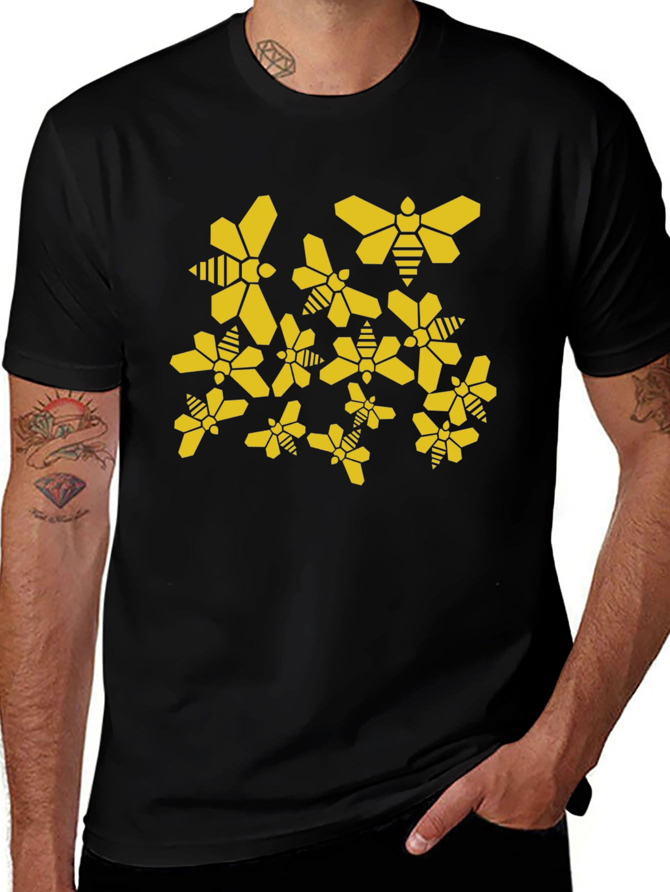 Variant 17 of Geometric Bee Pattern Black T-Shirt