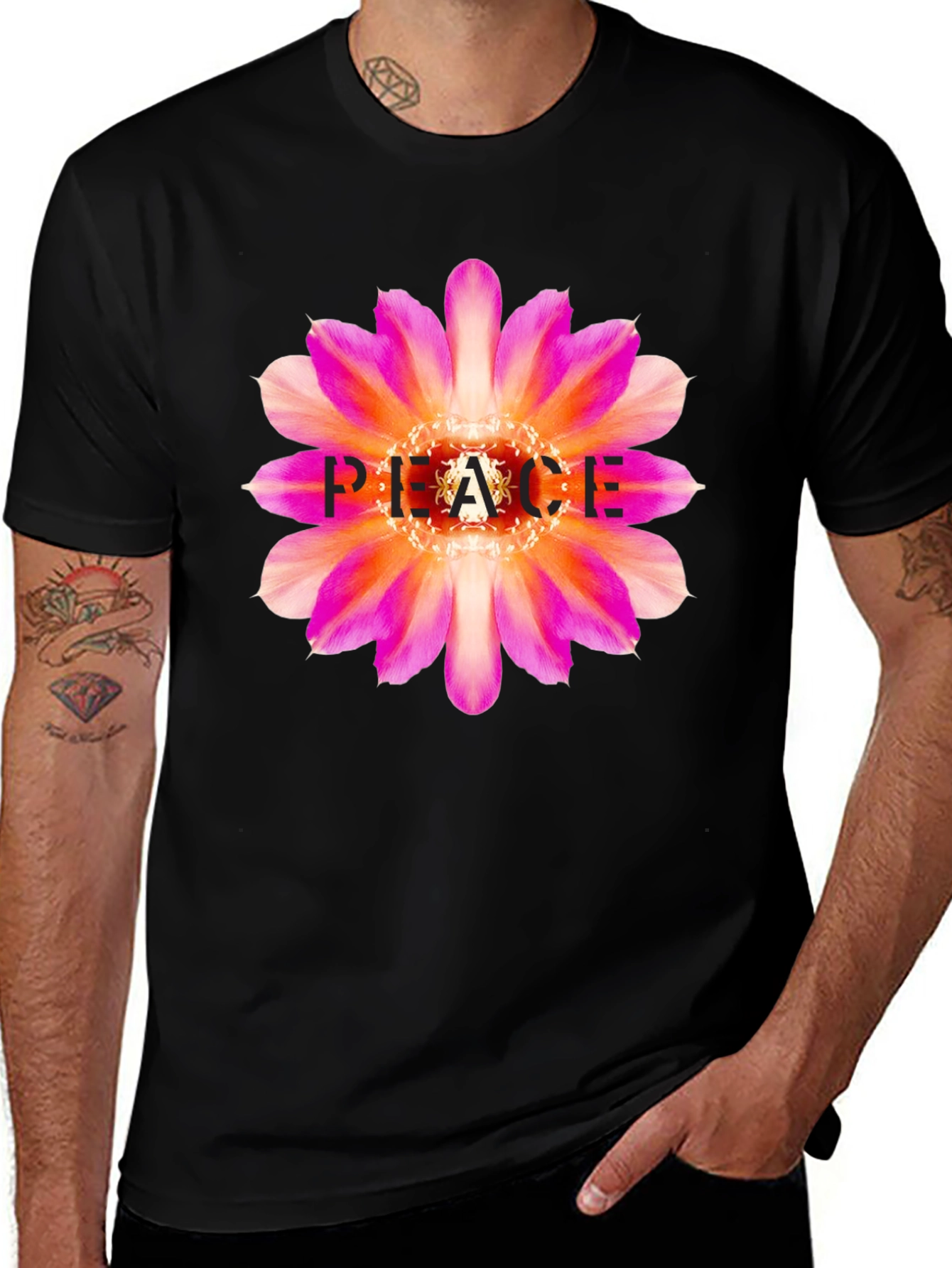 Variant 18 of Floral Peace Graphic Tee - Black Cotton Blend Comfort Fit