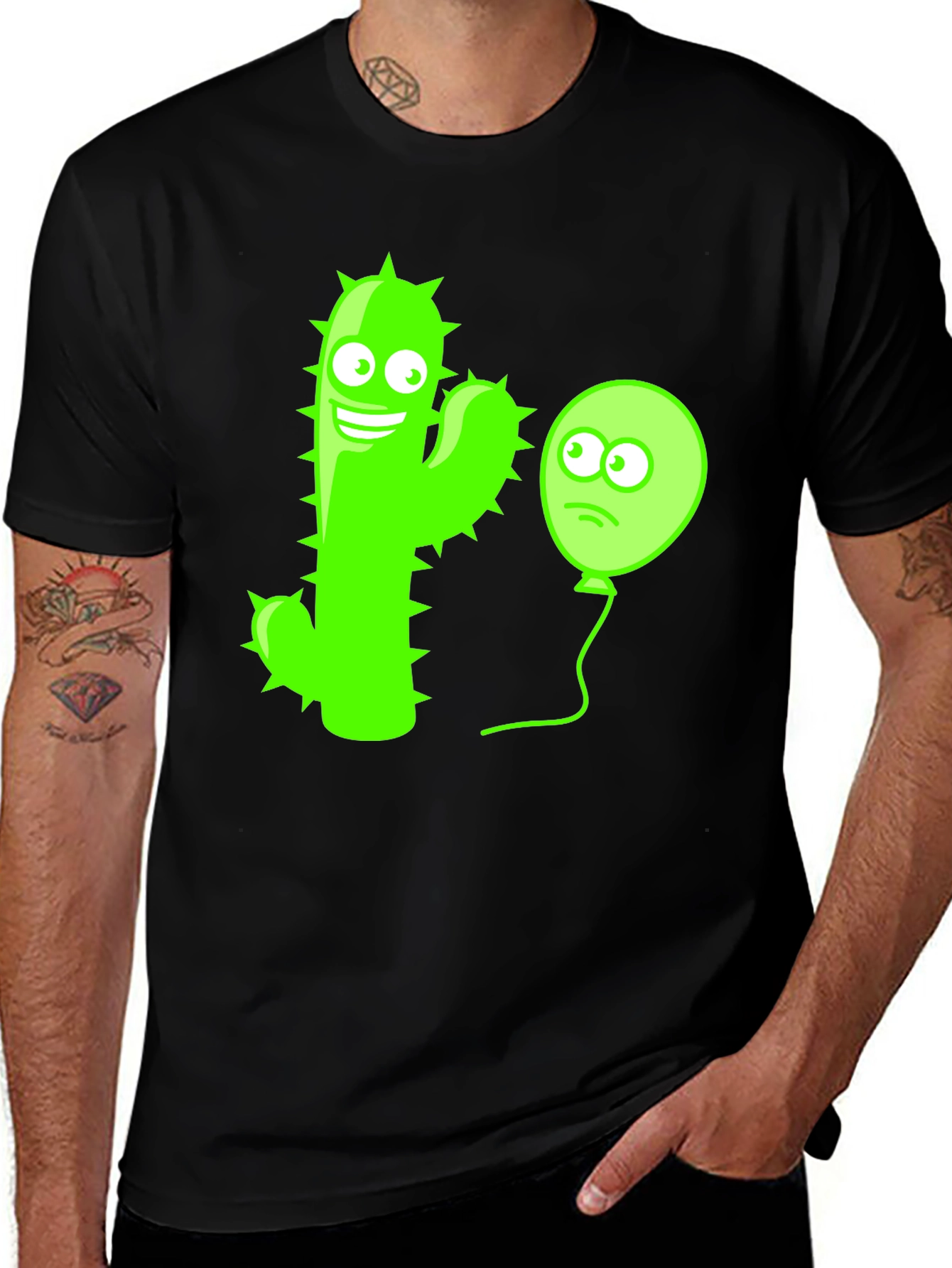 Variant 13 of Funny Cactus & Balloon Graphic Tee - Black