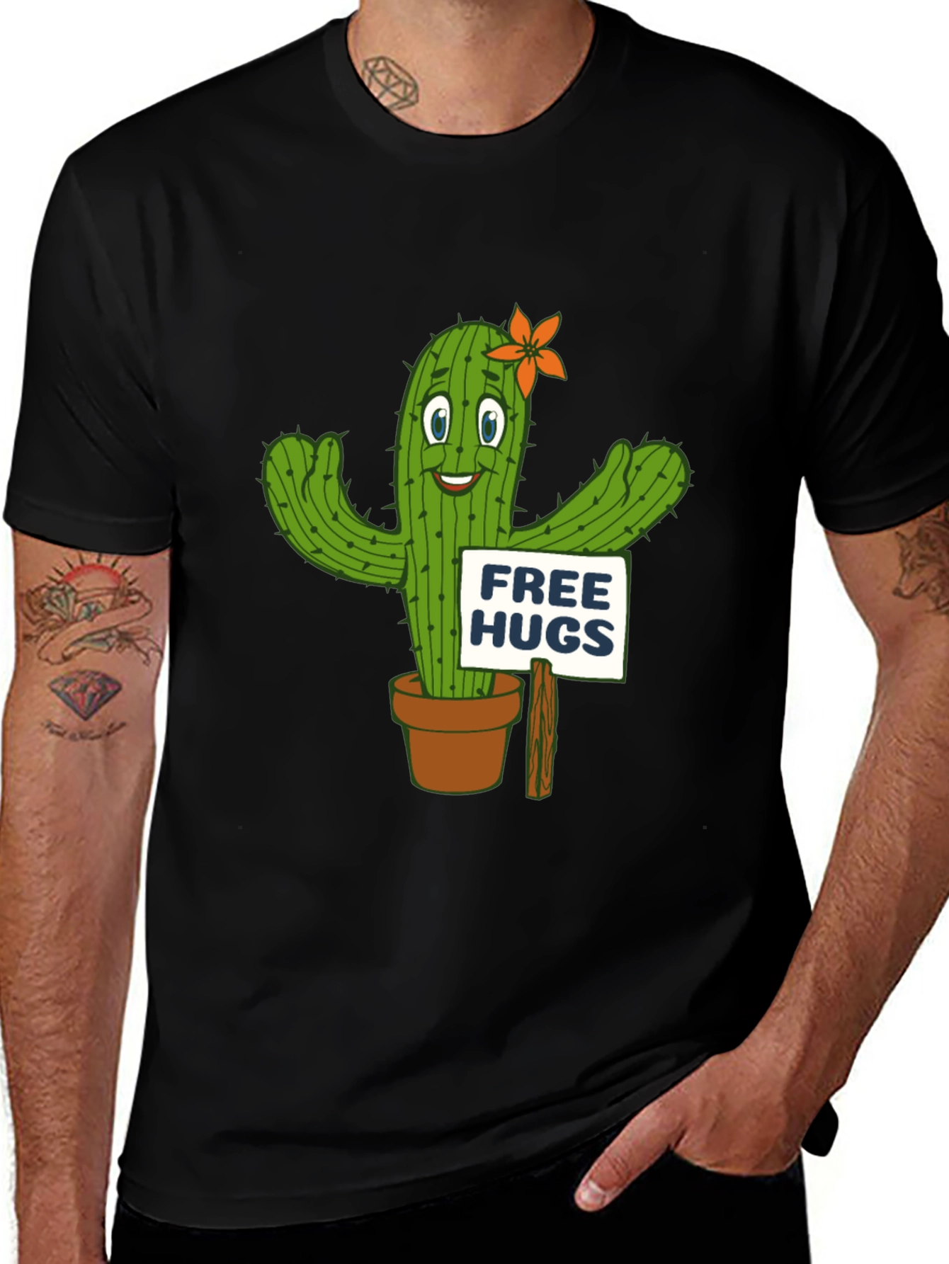 Variant 3 of Free Hugs Cactus Graphic Tee - Black Cotton T-Shirt