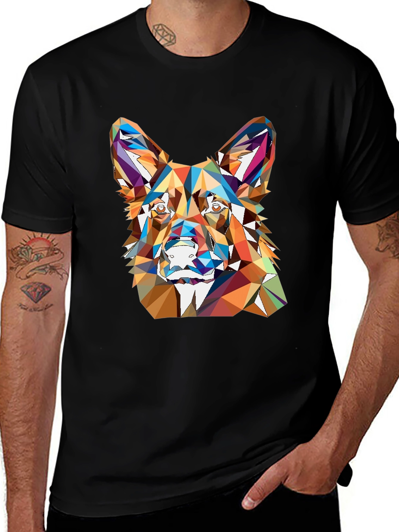 Variant 30 of Geometric Dog Head Print Black T-Shirt