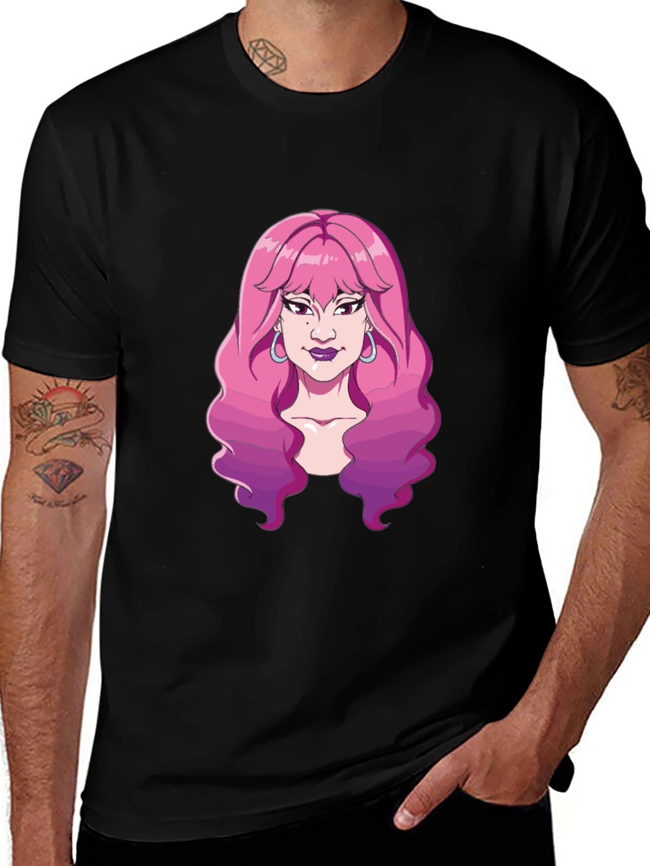 Pink Hair Girl Cartoon Graphic T-Shirt