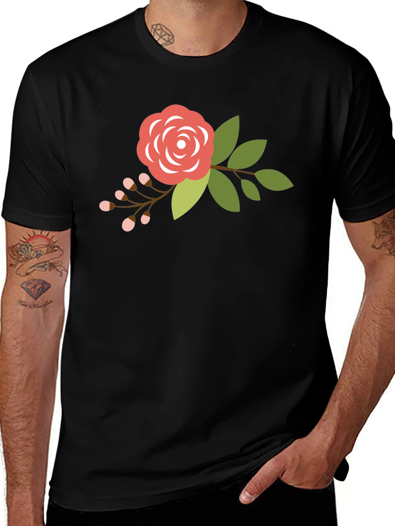 Variant 27 of Floral Rose Graphic Tee - Men's Black T-Shirt