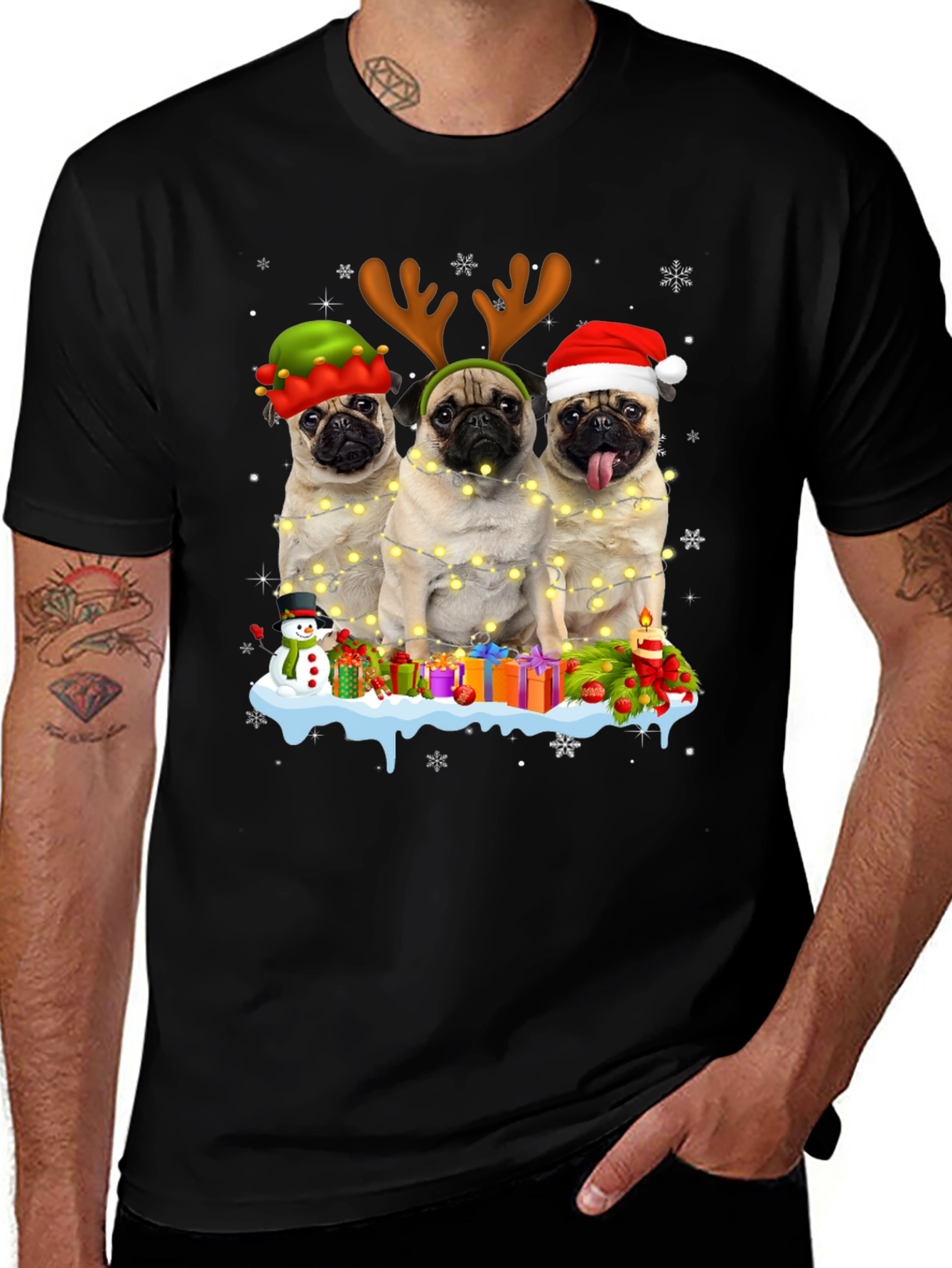 Festive Pugs Christmas Graphic T-Shirt