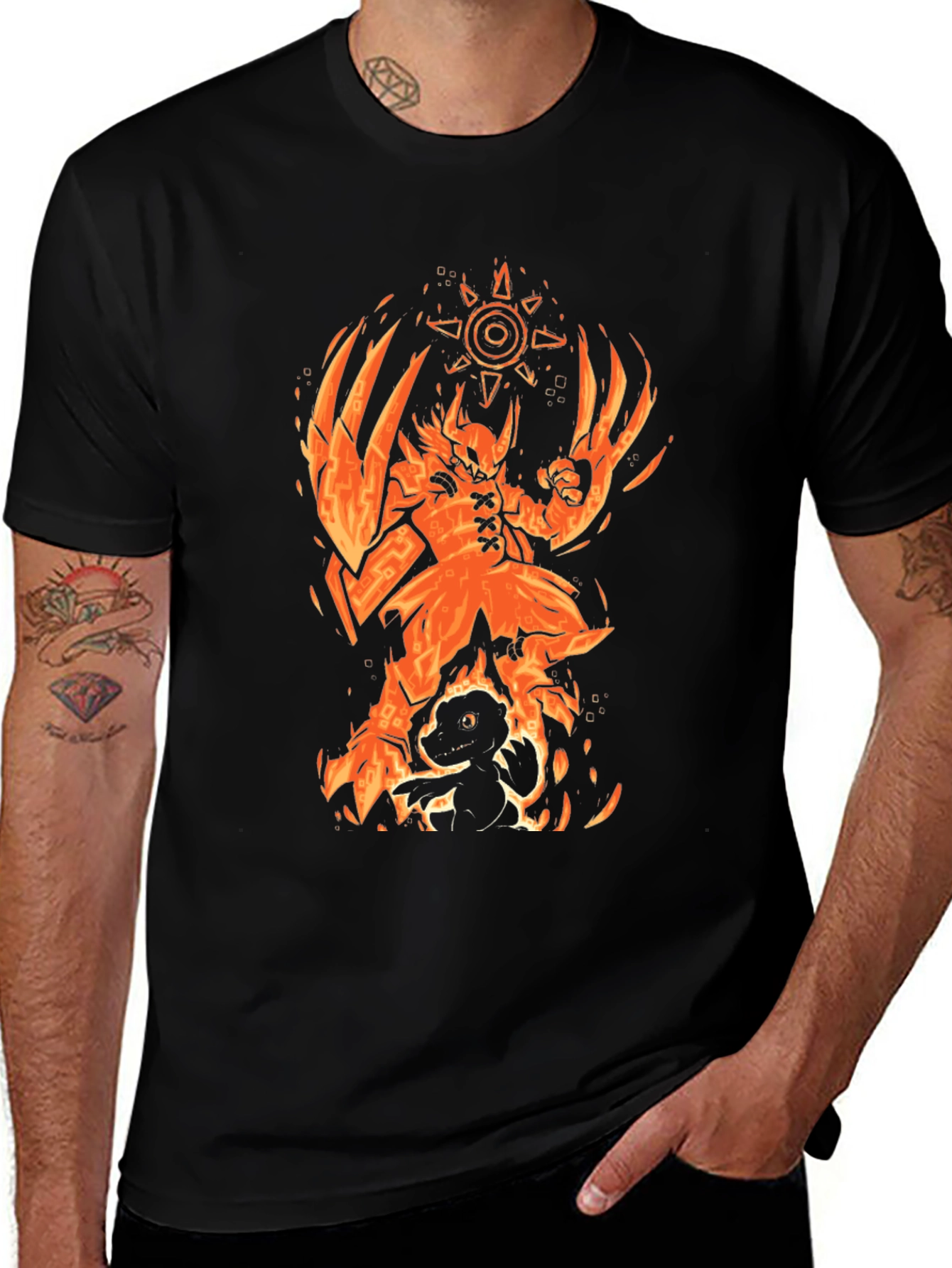 Fiery Digimon Graphic Tee - Black Cotton T-Shirt