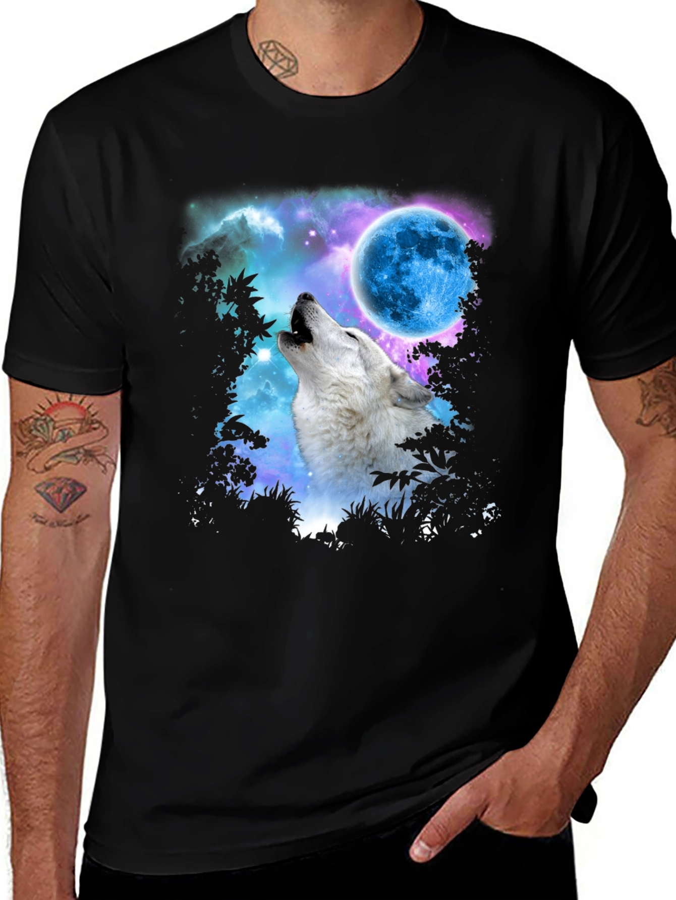Variant 30 of Wolf Howling at Moon Graphic Print Black T-Shirt