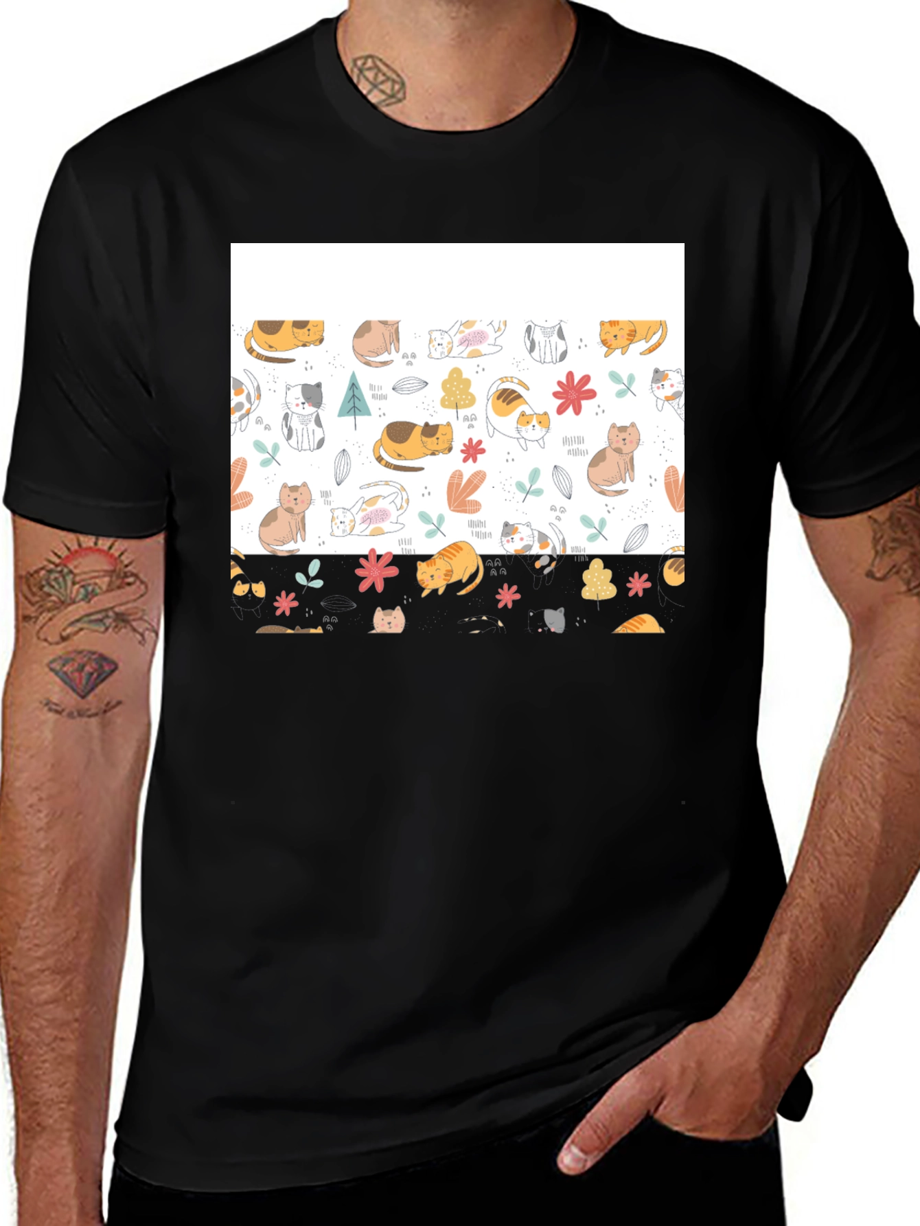Variant 21 of Cute Cat Pattern Black T-Shirt