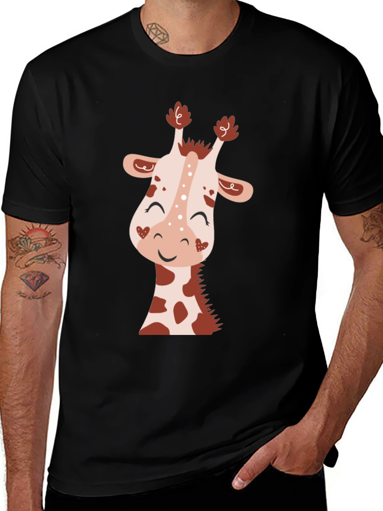 Variant 5 of Cute Giraffe Graphic Tee - Black Cotton Shirt