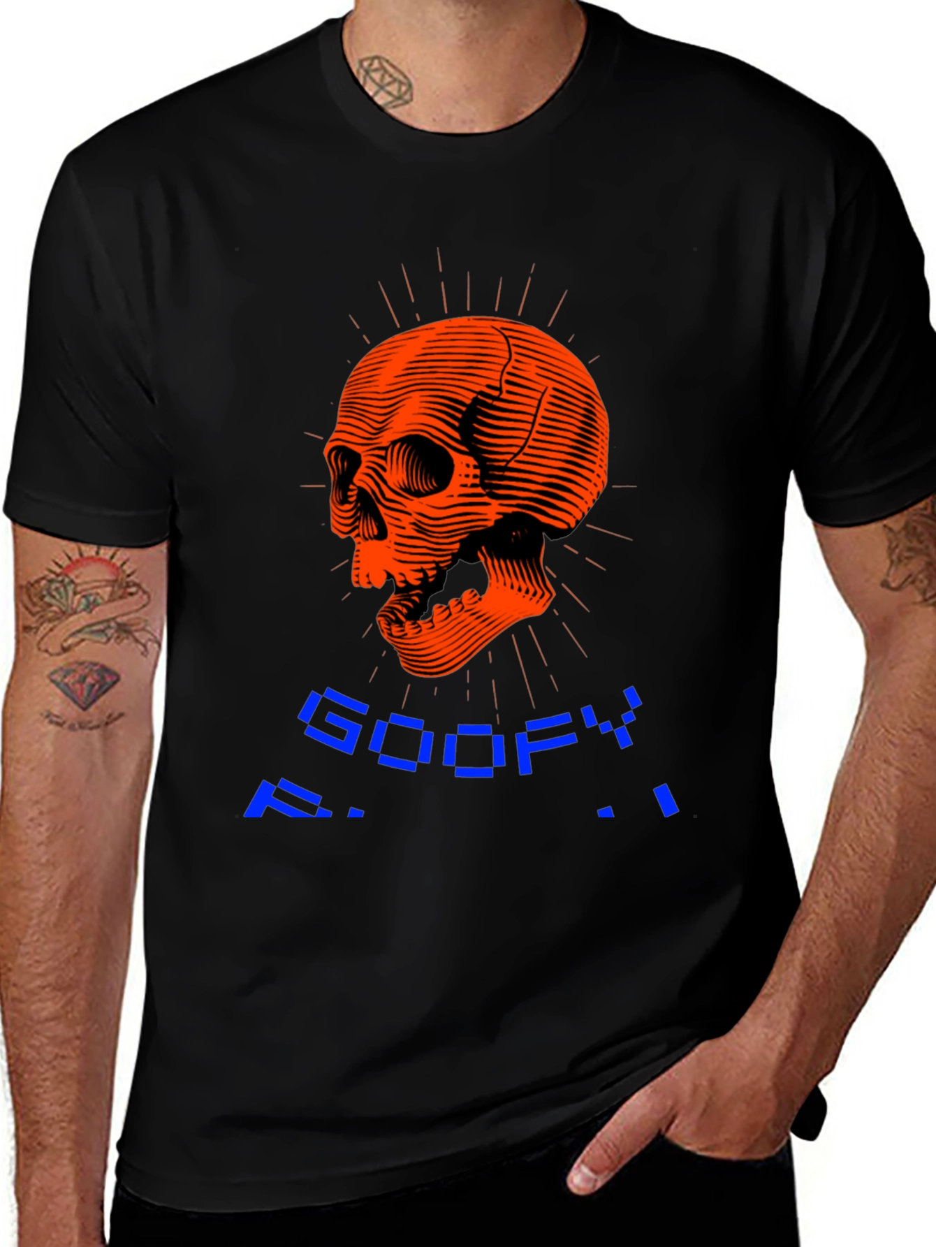 Variant 9 of Edgy Skull Graphic Tee - "Goofy" Pixel Design, Black Cotton