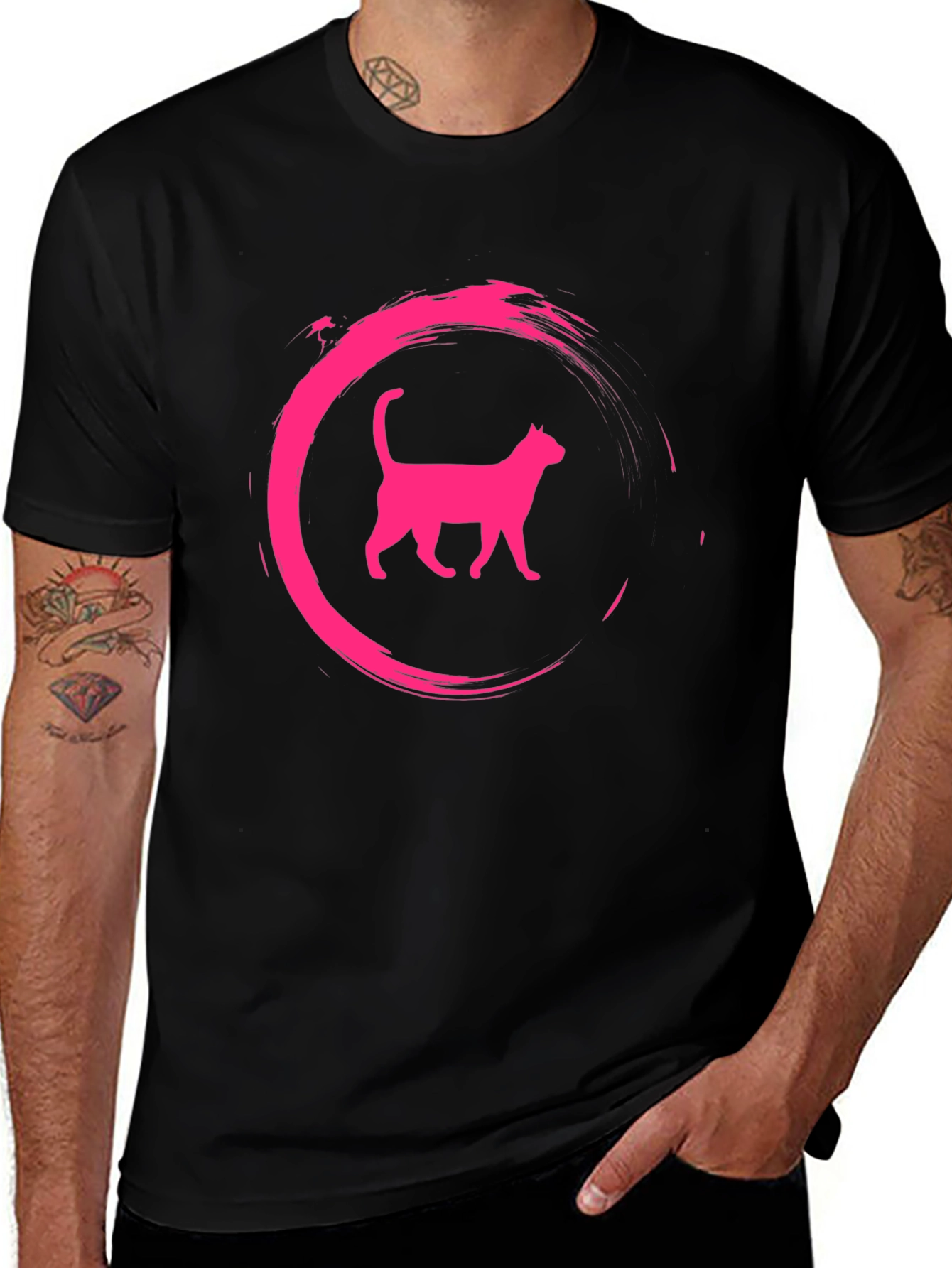 Black T-Shirt with Pink Cat Zen Circle Design