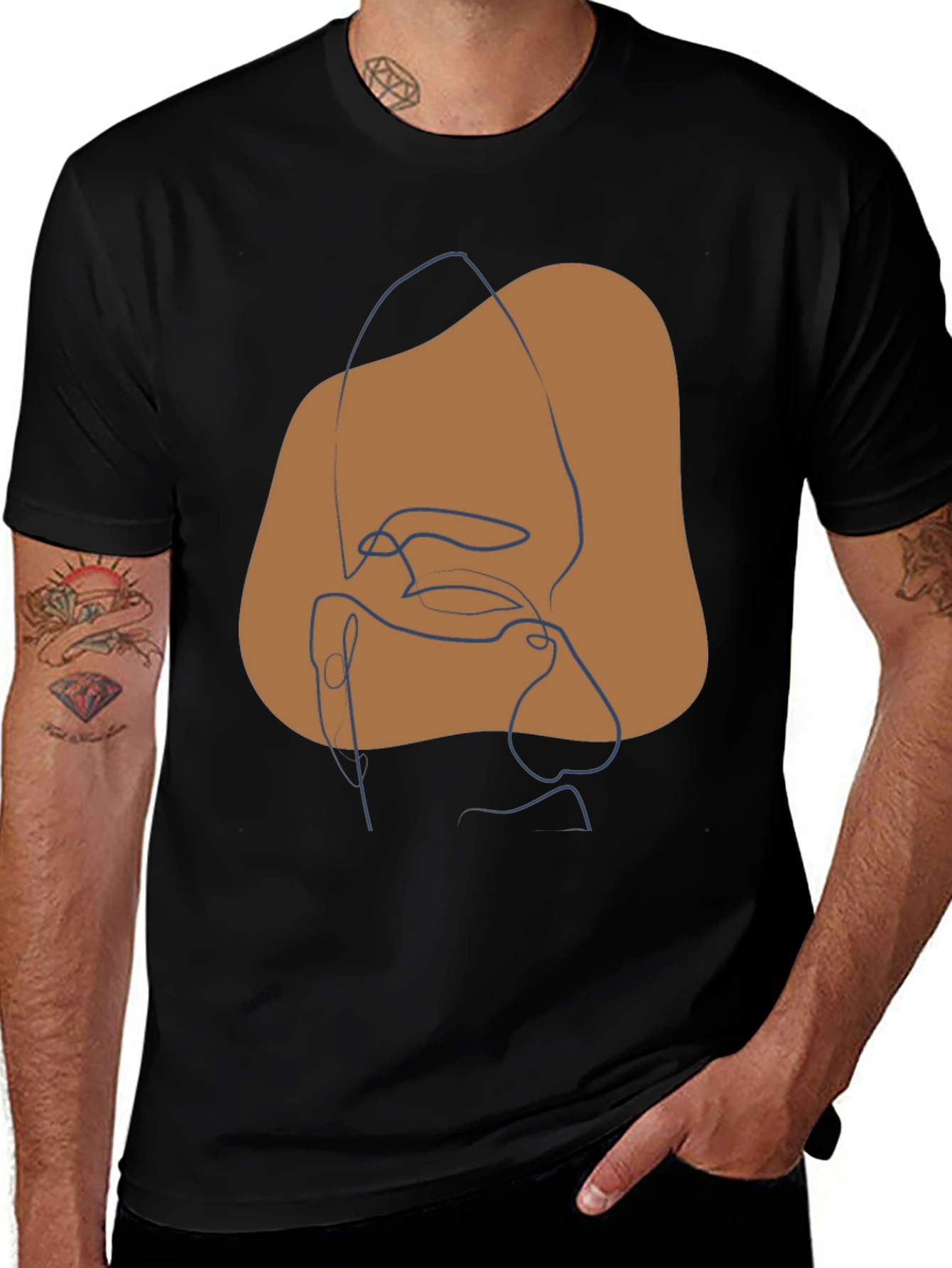 Minimalist Abstract Face Line Art Black T-Shirt