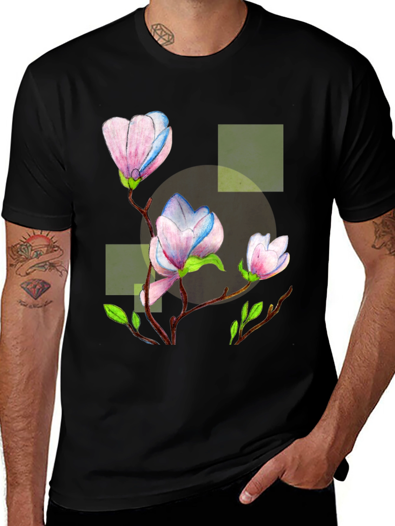 Floral Magnolia Watercolor Art Black T-Shirt