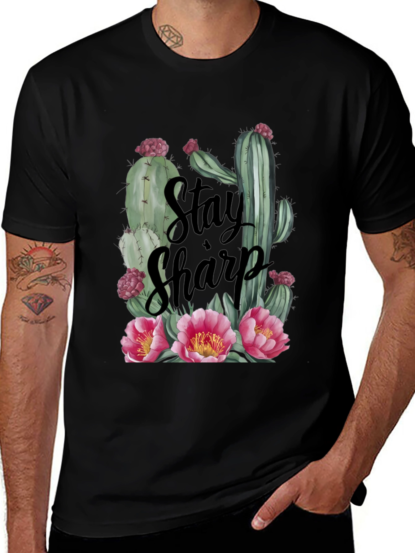 Variant 25 of Stay Sharp Cactus Graphic Tee - Black