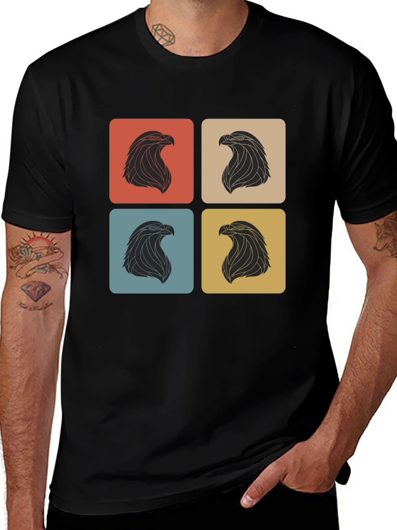 Black Retro Eagle Graphic Print Crew Neck T-Shirt main image