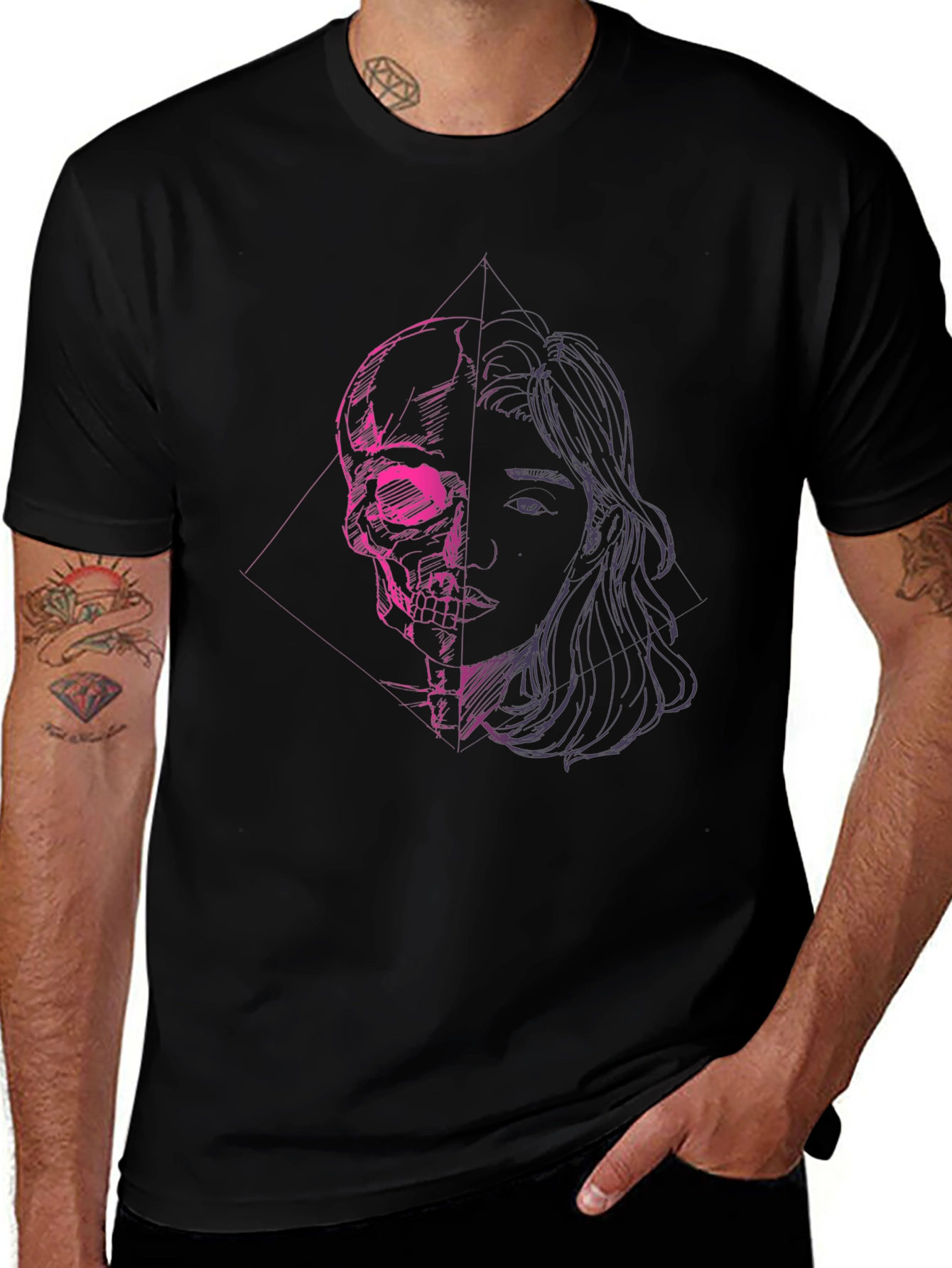 Variant 6 of Skull & Portrait Graphic Black T-Shirt