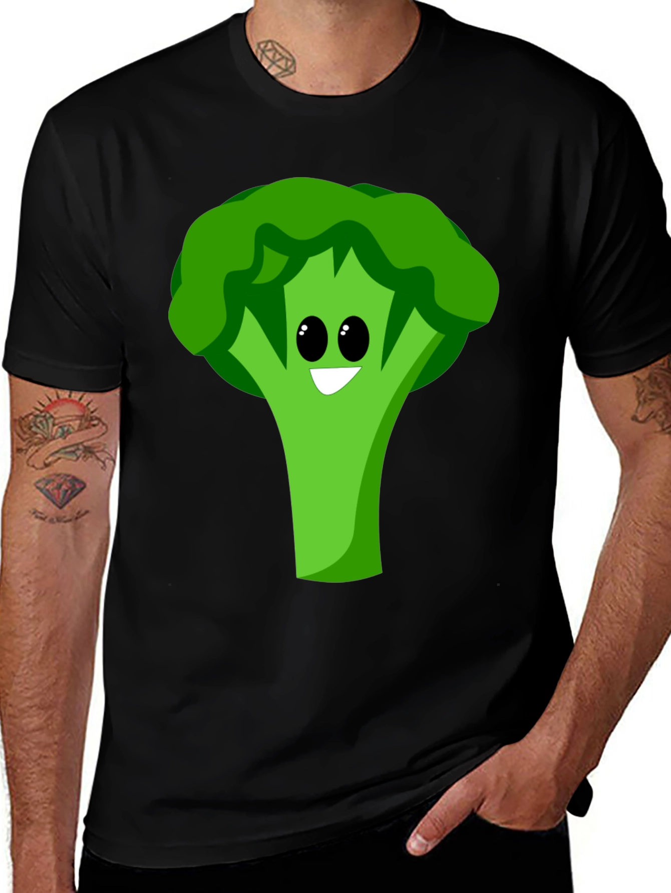 Variant 25 of Cartoon Broccoli Graphic Tee - Black Cotton Blend