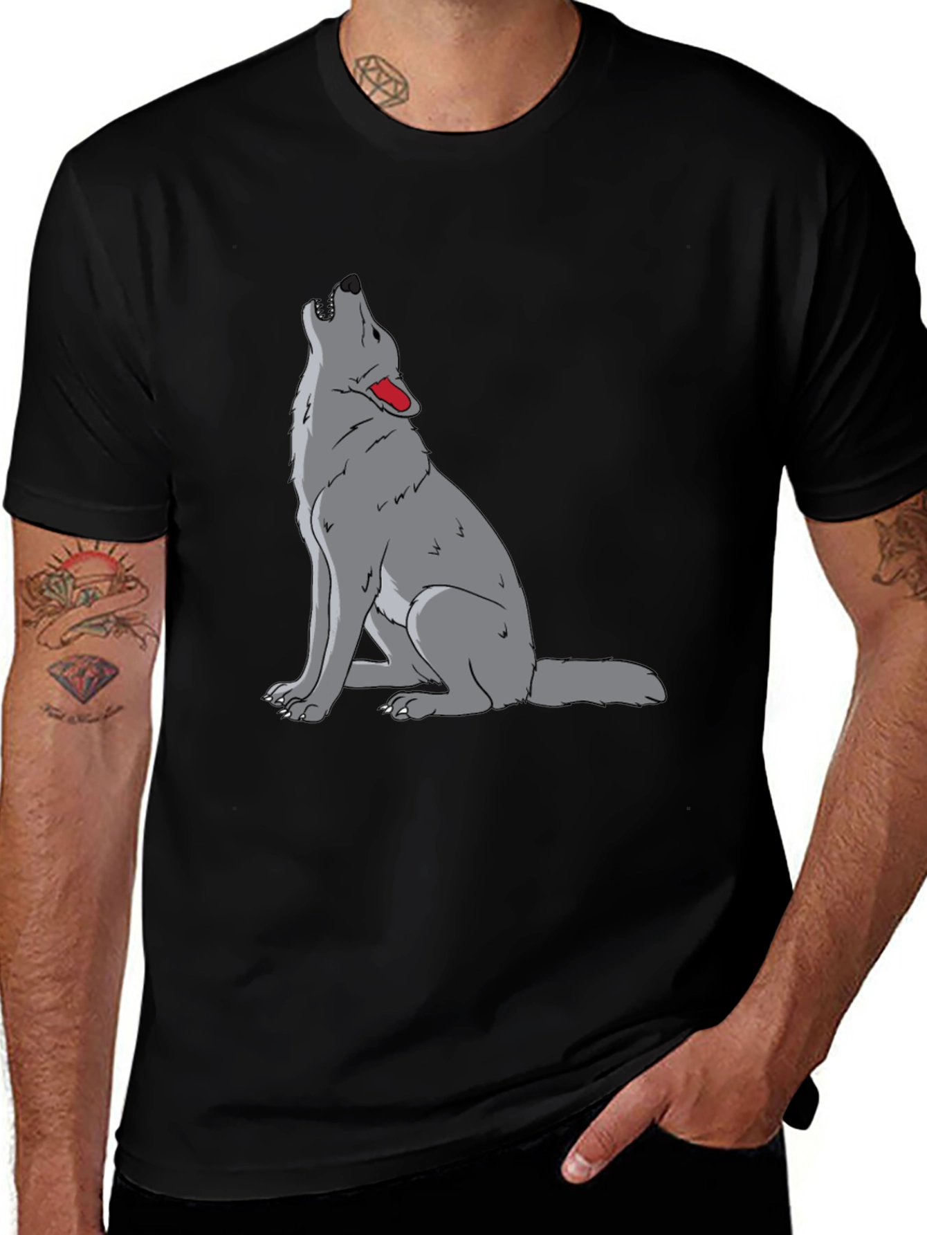 Variant 11 of Men's Black T-Shirt with Wolf Howl Design