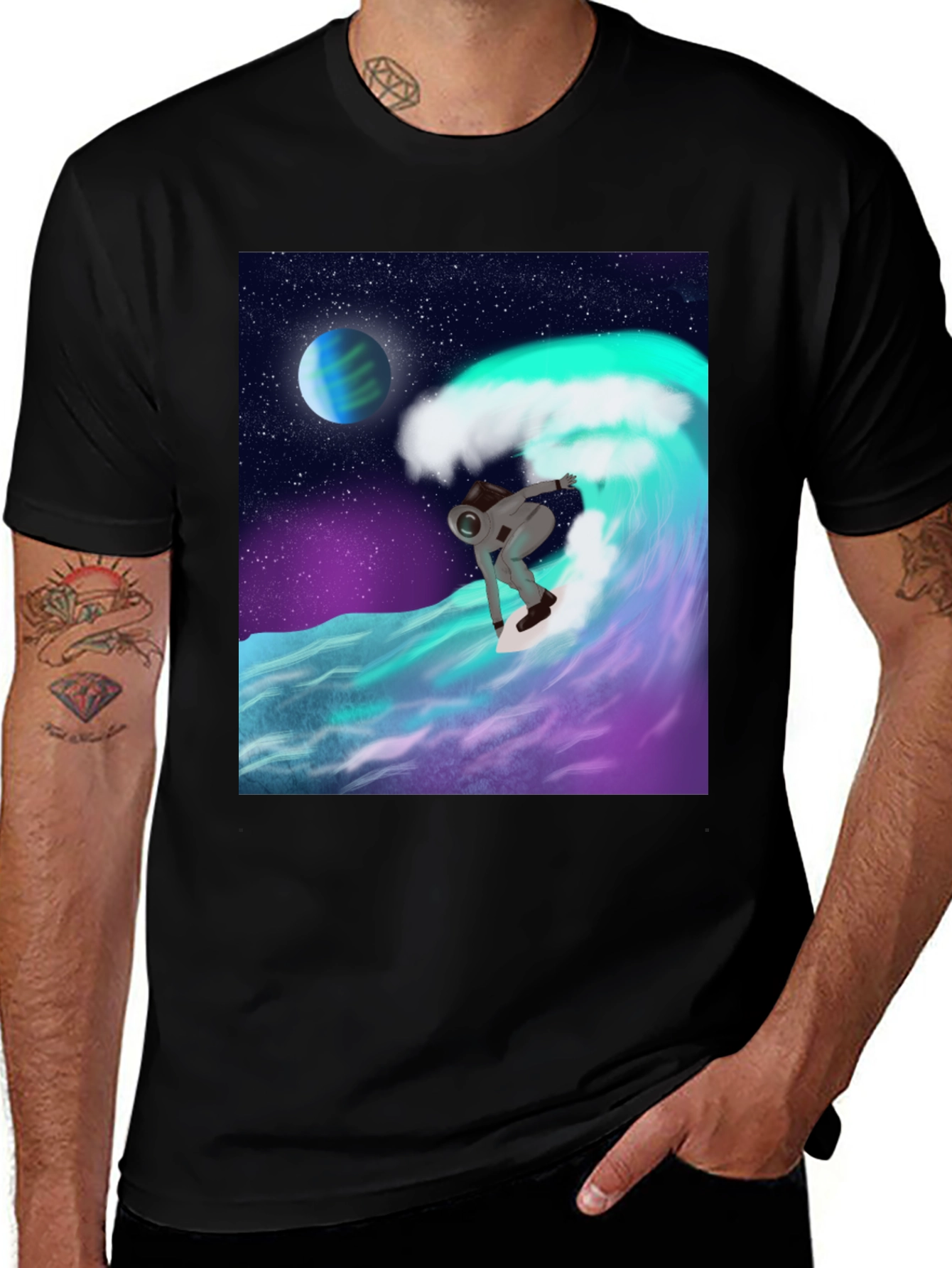 Variant 23 of Astronaut Surfing T-Shirt - Space Wave Graphic Tee