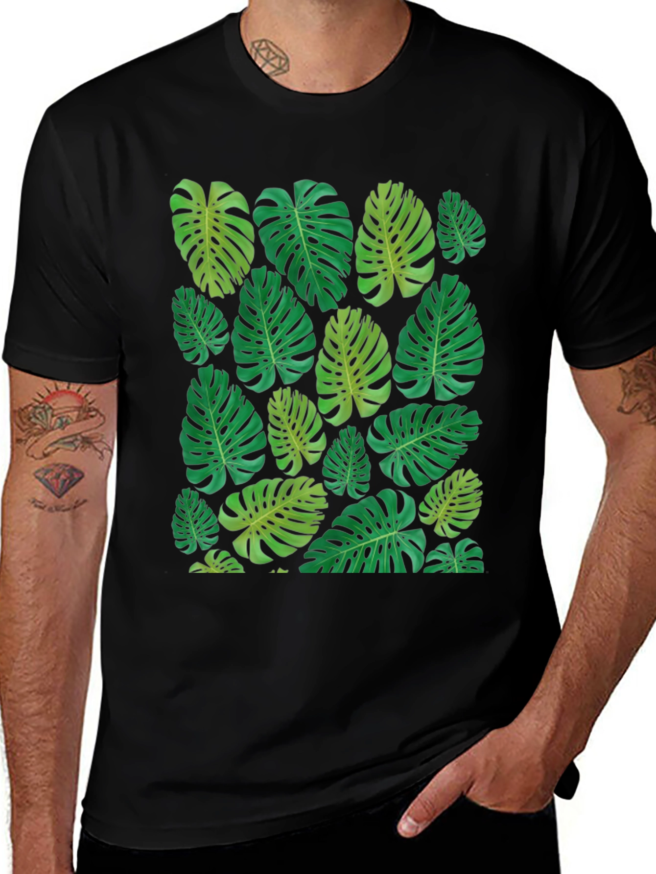 Variant 3 of Tropical Monstera Leaf Print Black T-Shirt