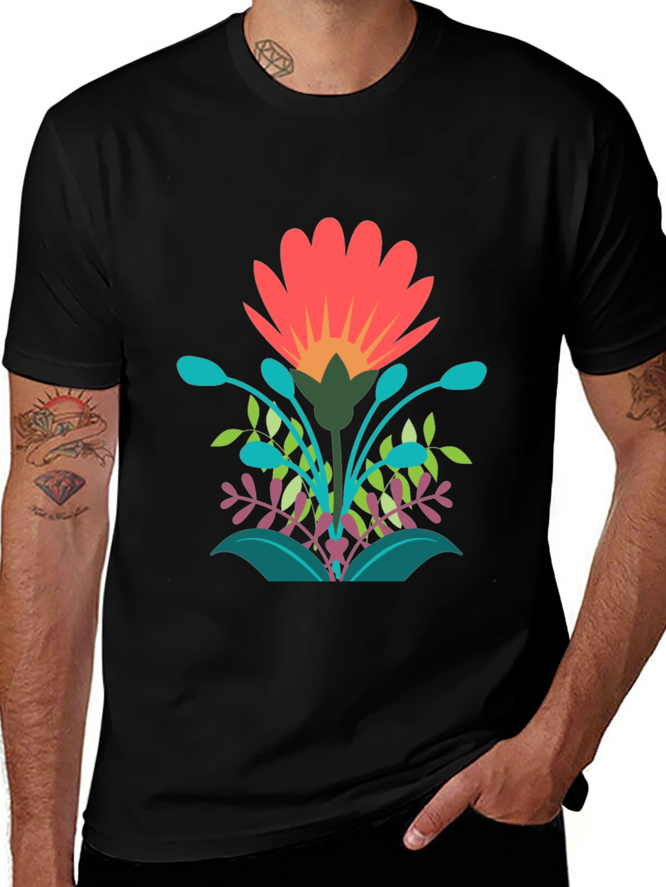 Variant 23 of Vibrant Floral Graphic Print Black T-Shirt