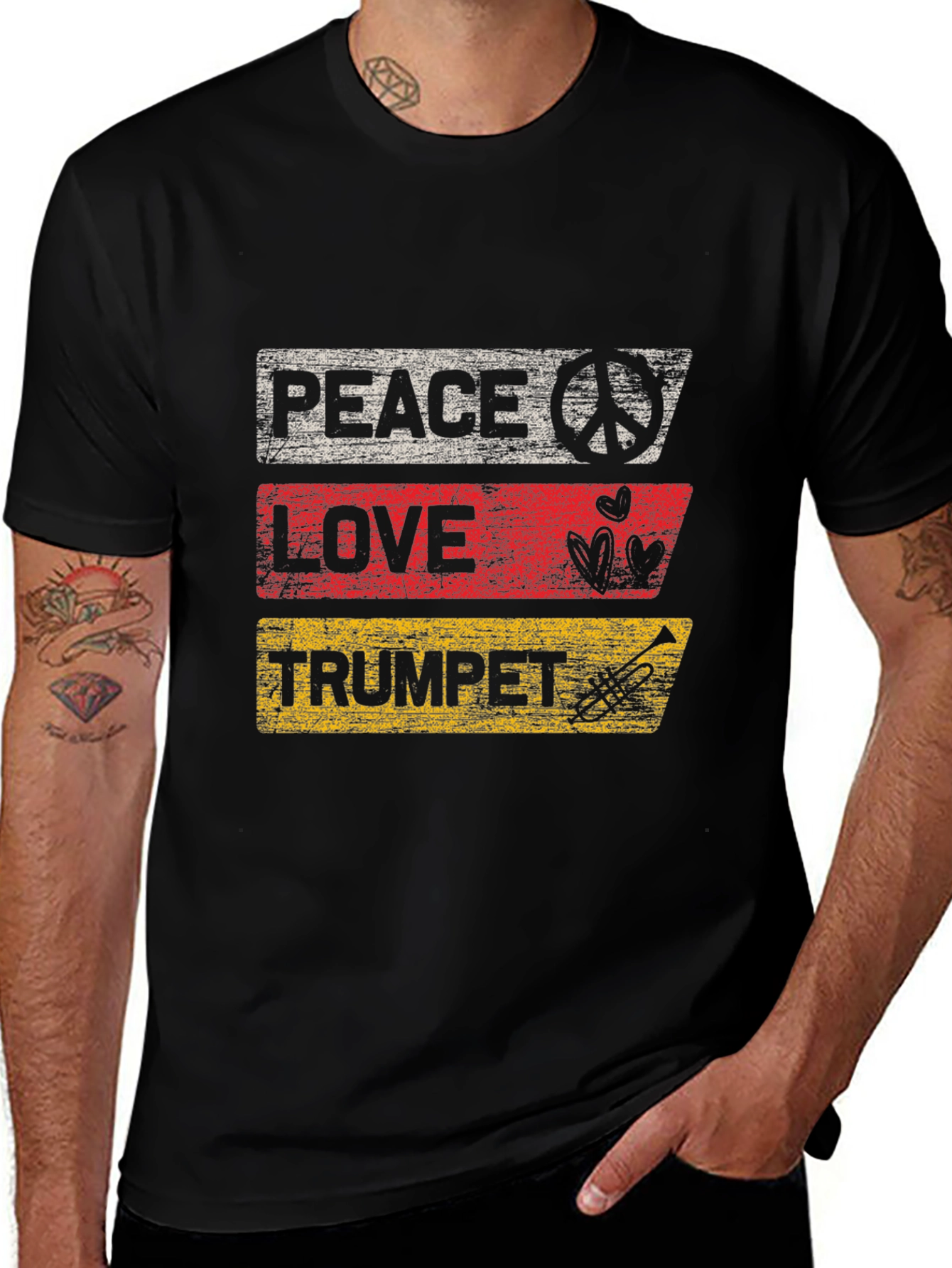 Black Peace Love Trumpet Black Graphic T-Shirt main image