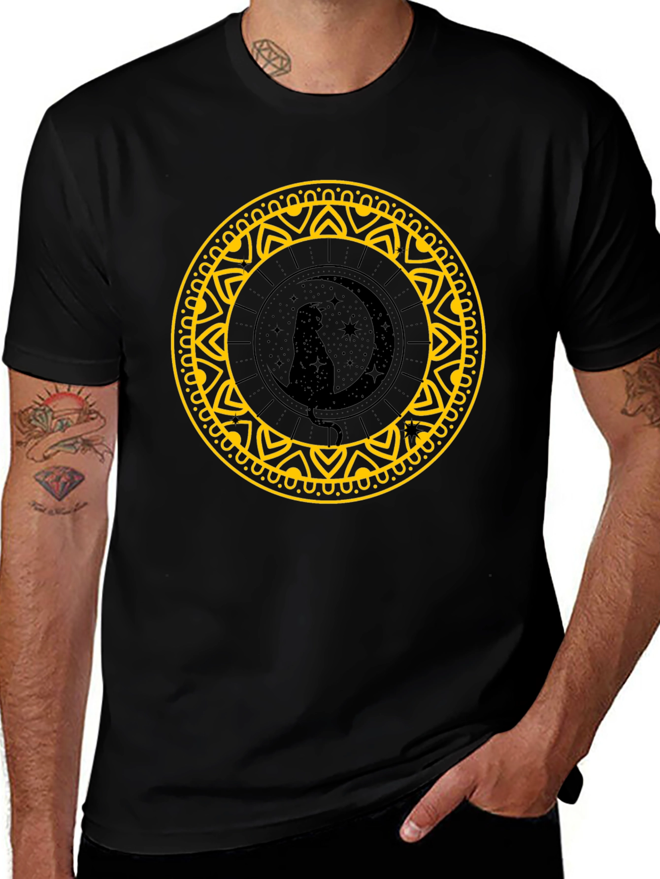 Black Cat Moon Mandala Black T-Shirt main image