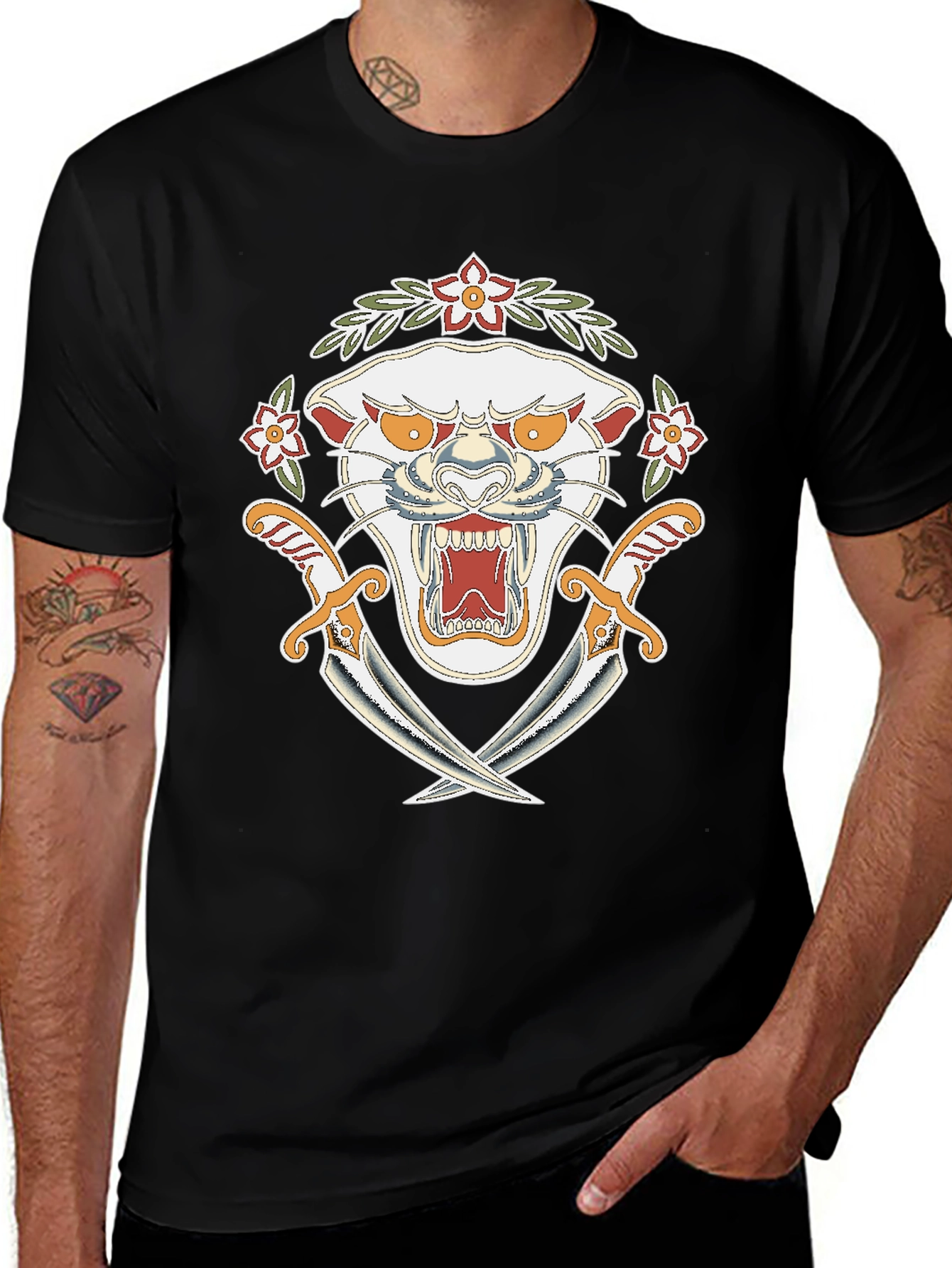 Variant 10 of Black T-Shirt with Panther and Swords Design