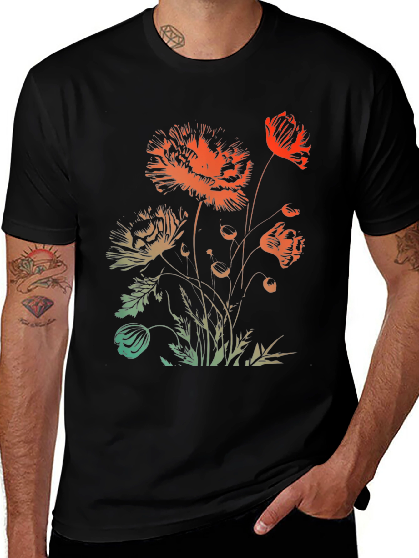 Variant 8 of Floral Graphic Print Black Crewneck T-Shirt