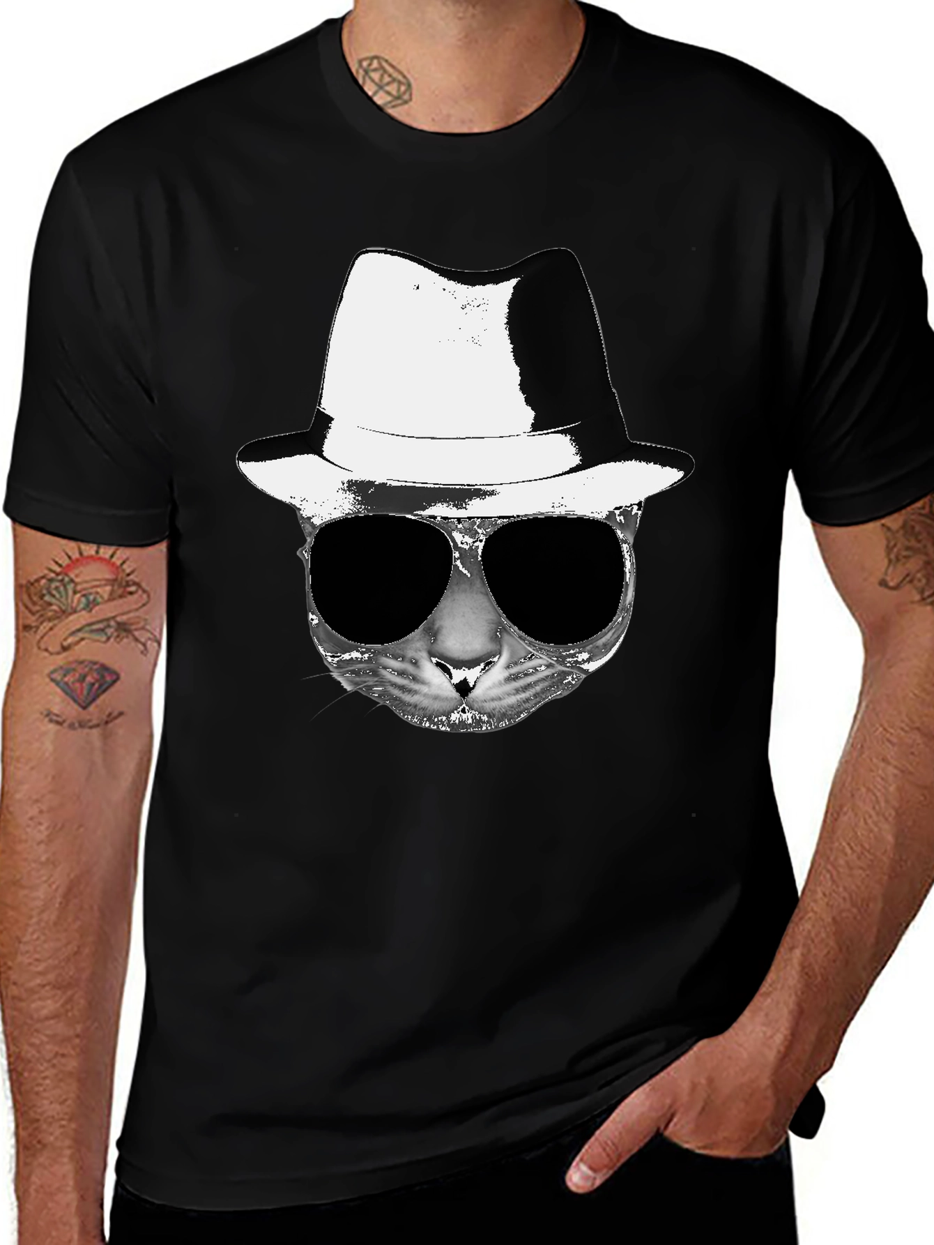 Variant 22 of Cool Cat Fedora Sunglasses Graphic Tee - Black