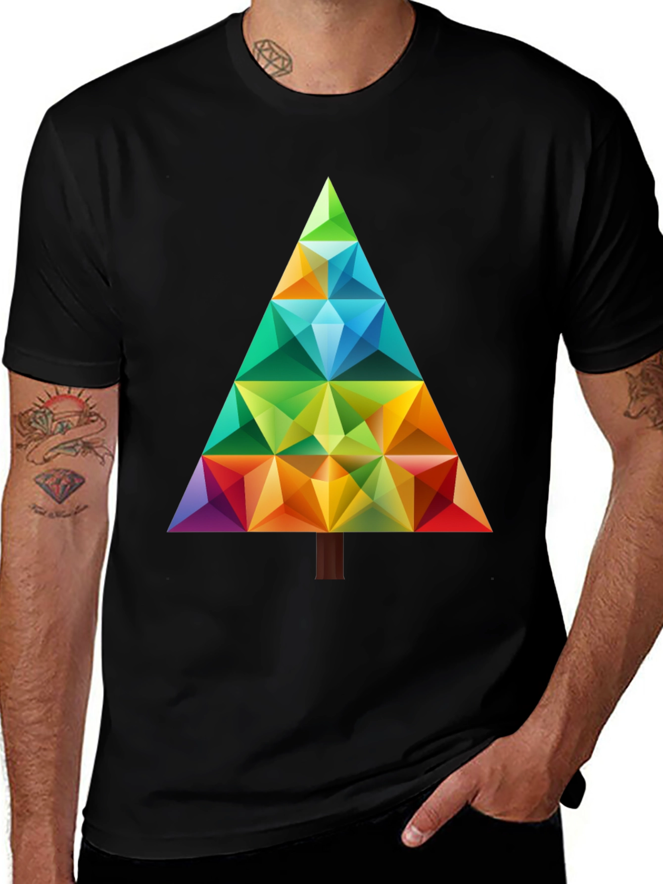 Variant 12 of Geometric Christmas Tree Graphic Tee - Black Cotton Blend