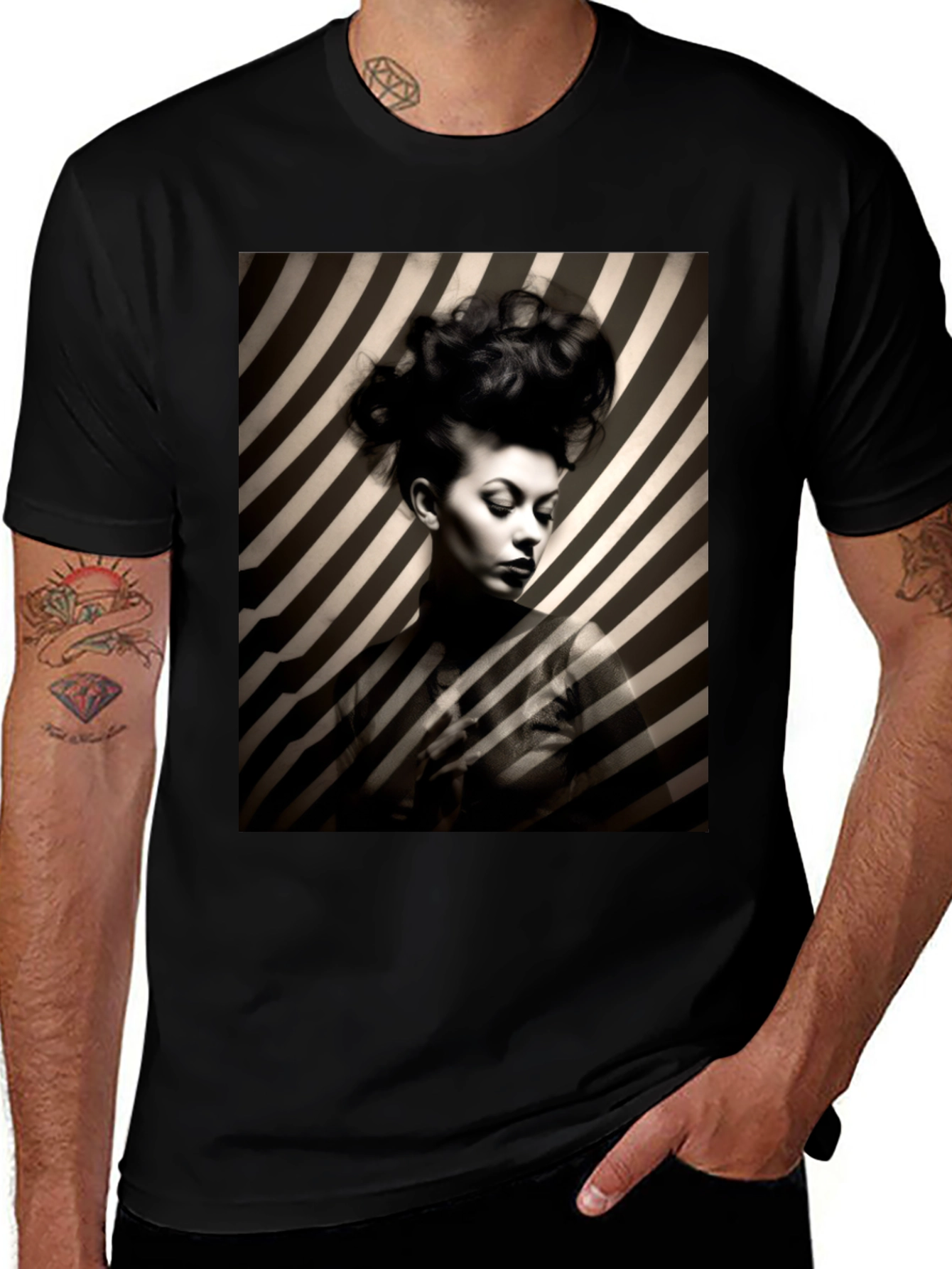 Variant 8 of Striking Striped Portrait Graphic Tee - Bold Style