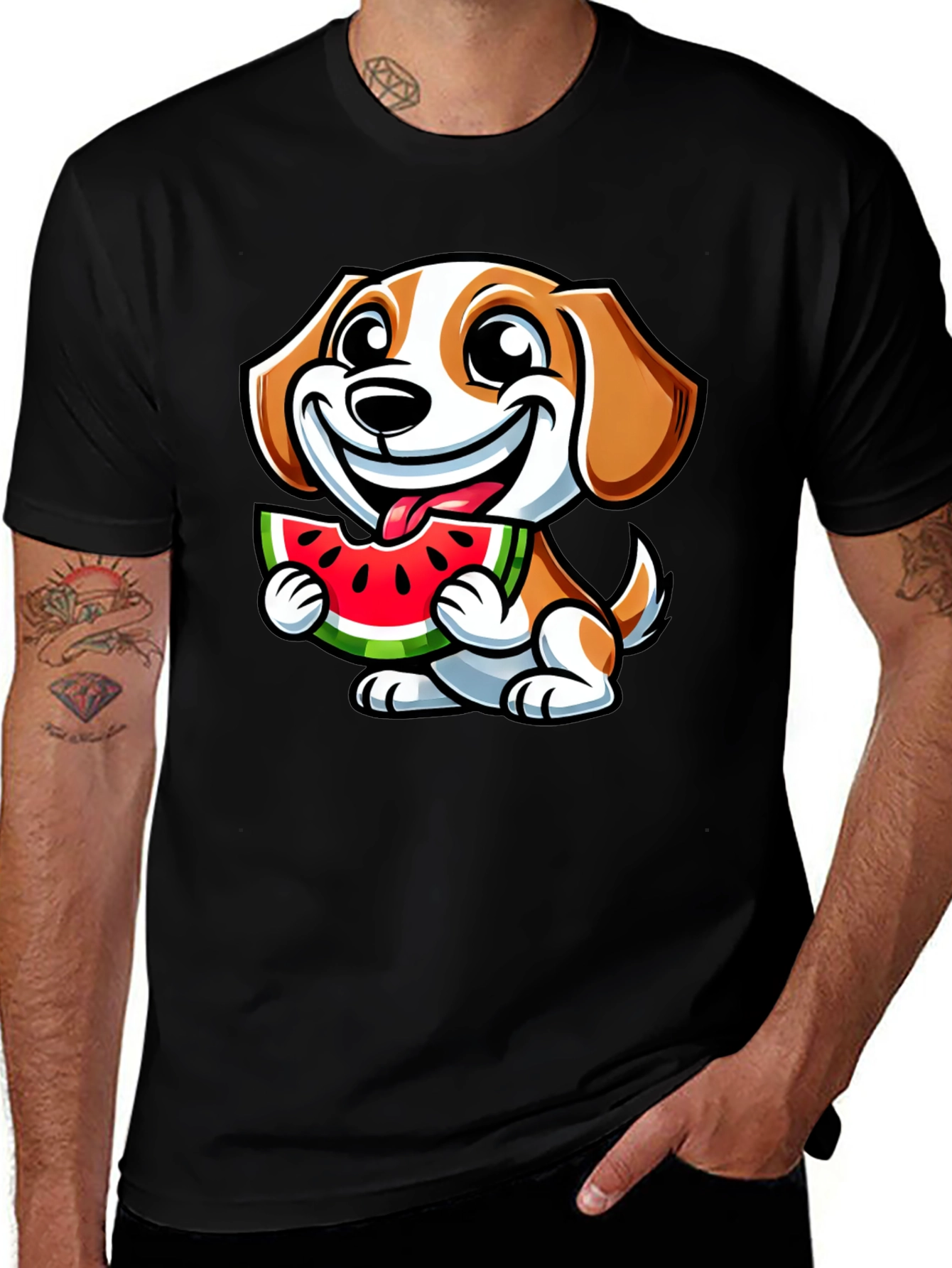 Variant 11 of Cute Dog Eating Watermelon Black T-Shirt