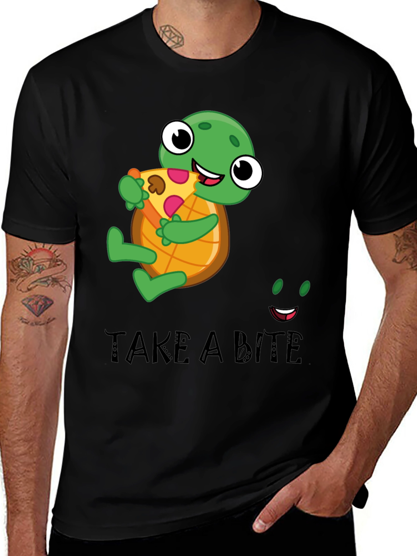 Variant 7 of Turtle Pizza Black T-Shirt - Take a Bite!