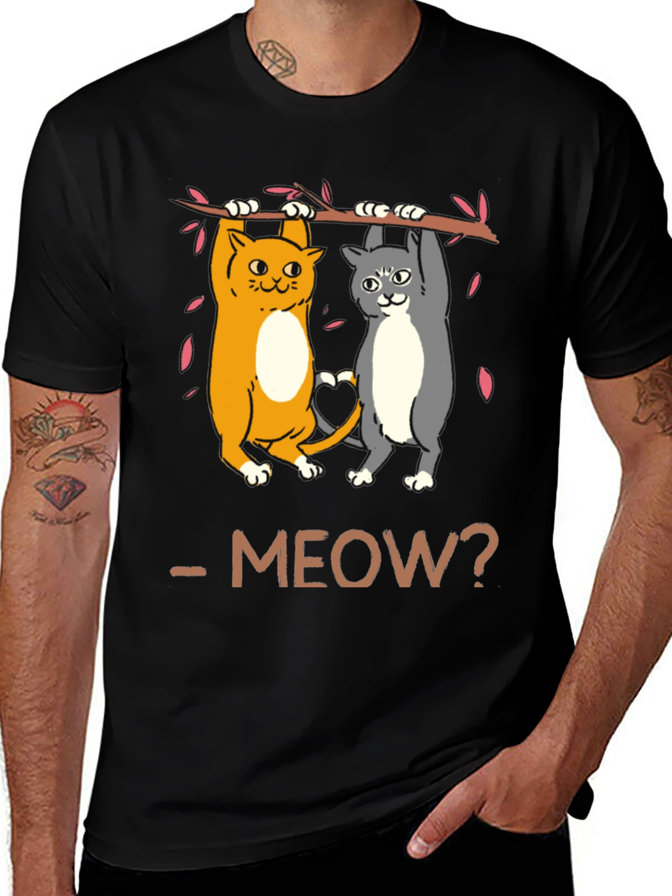 Variant 29 of Cats Hanging From Branch T-Shirt - "Meow?" 
