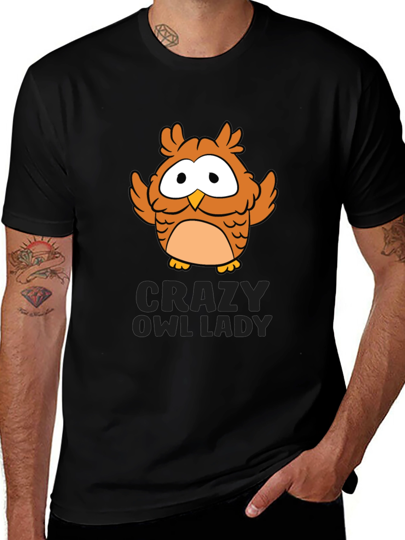 Variant 9 of Crazy Owl Lady Graphic Tee - Black Cotton T-Shirt