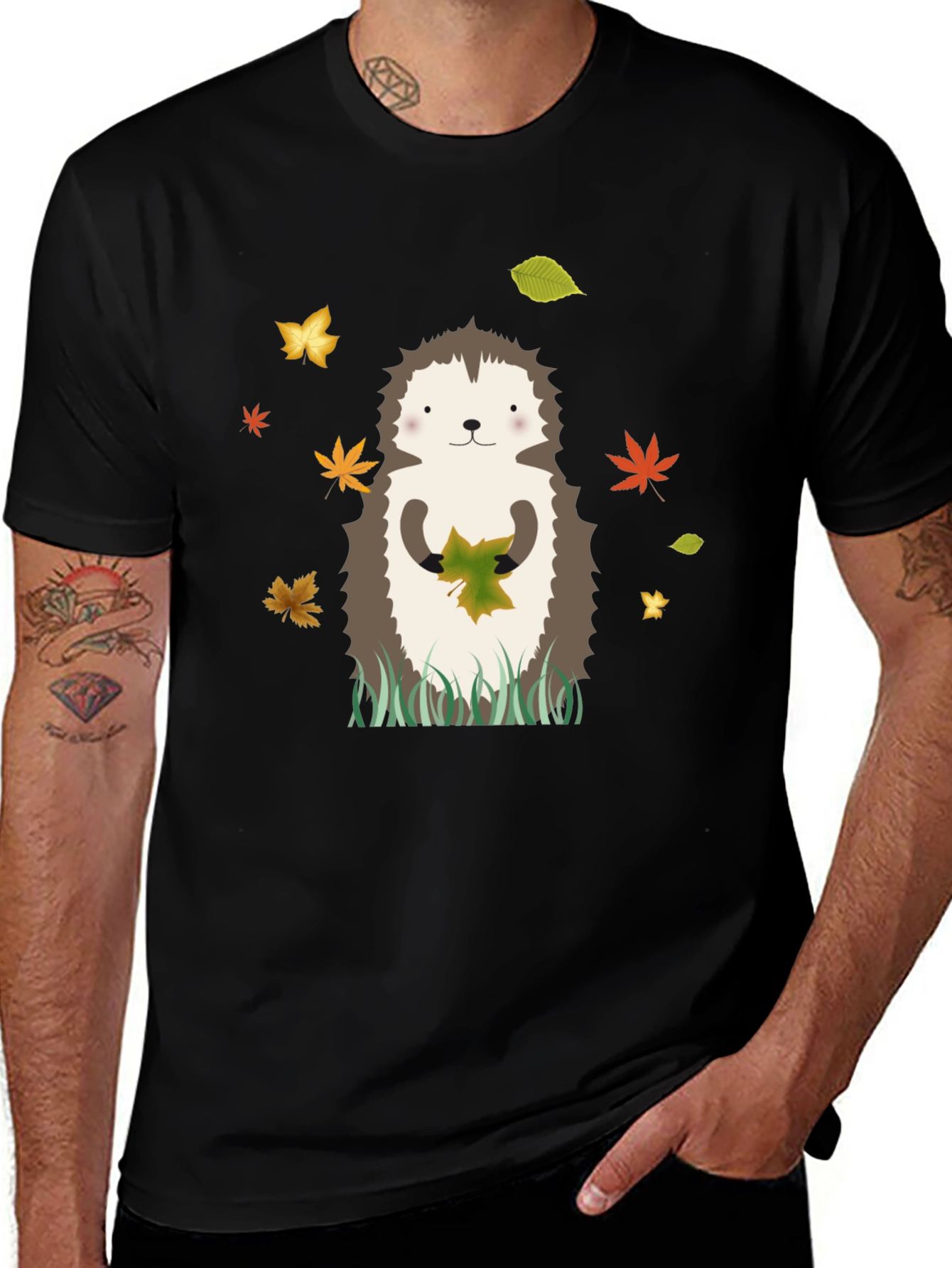 Variant 7 of Hedgehog Autumn Leaves Graphic Tee - Black